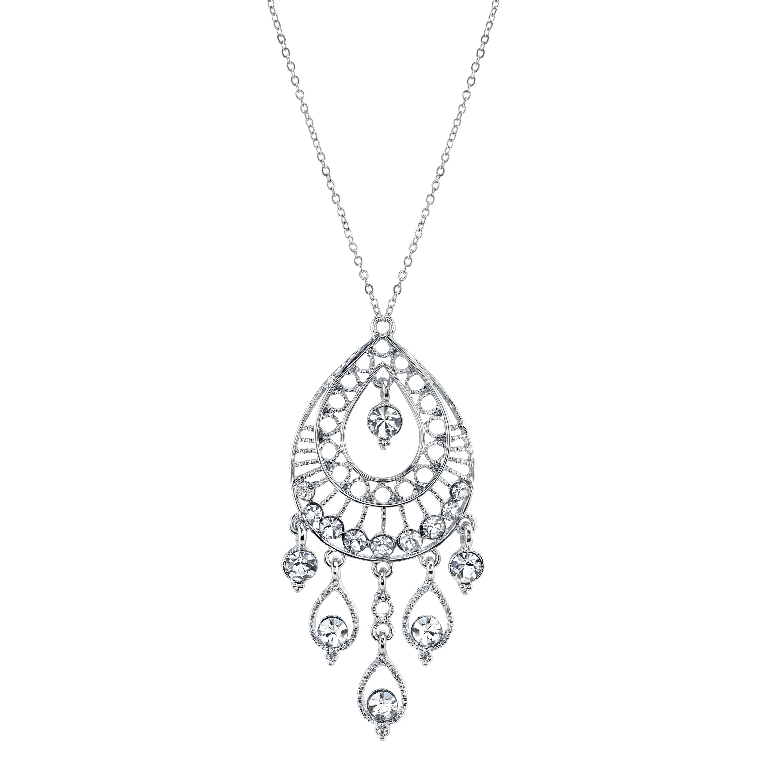 1928 Jewelry Crystal Filigree Multiple Teardrop Pendant Necklace 16"   3" Extender