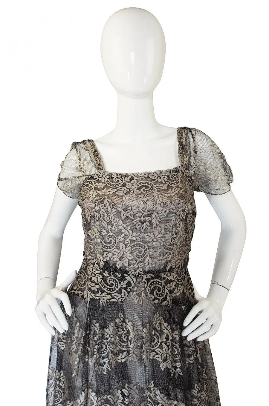 1940s Stunning Silver Lace & Net Gown