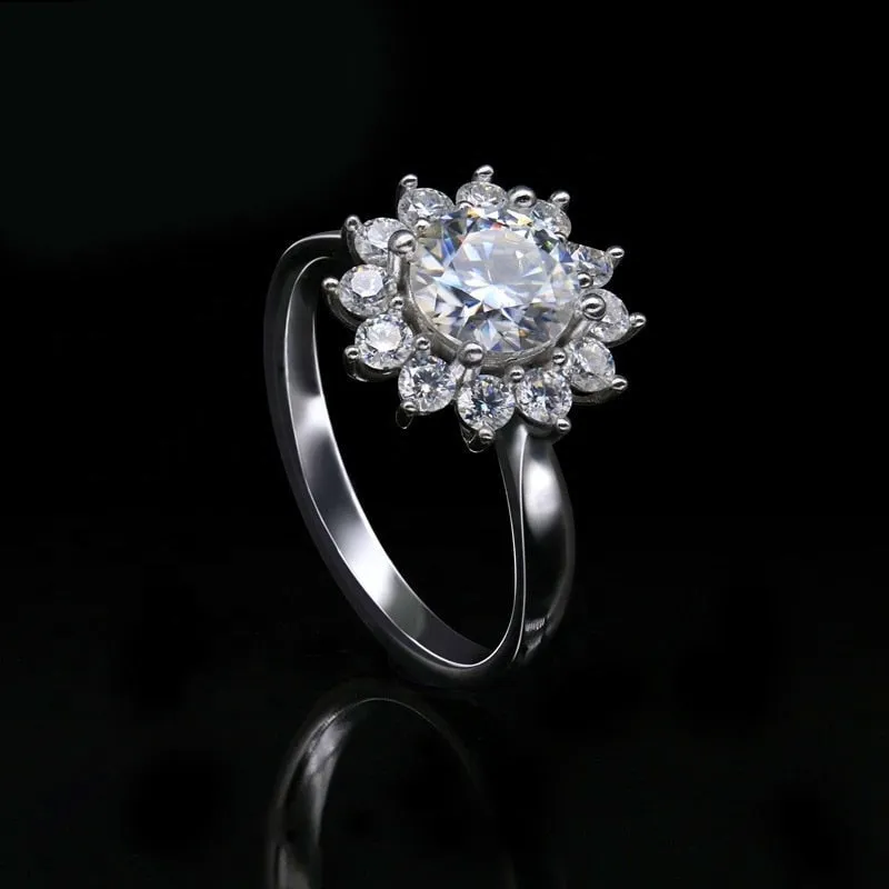 1ct 6.5mm White Moissanite 925 Sterling Silver Sun Flower Ring for Women