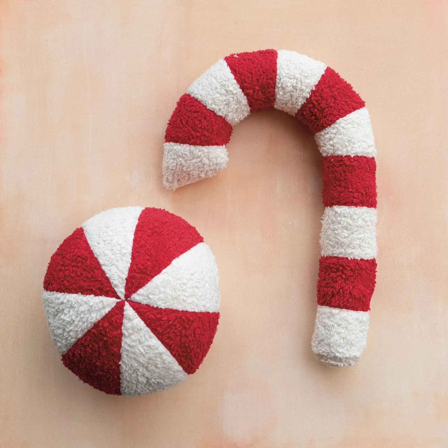 22"L x 13"W Cotton Sherpa Candy Cane Shaped Pillow, Red & White