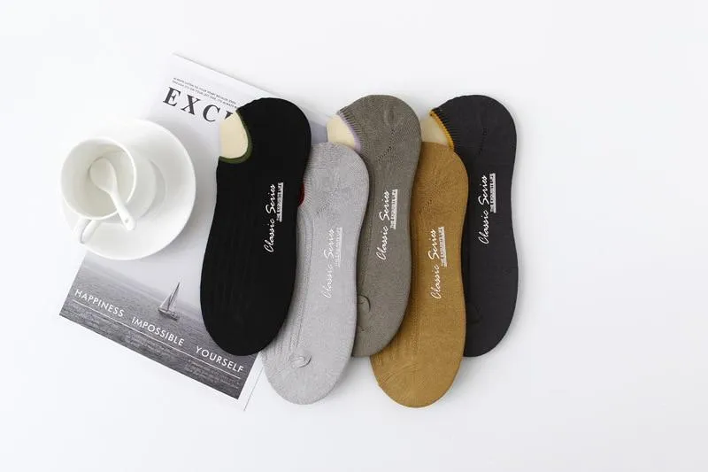 5 Pairs Lot Printed Invisible Men's Casual Combed Cotton Ankle Socks