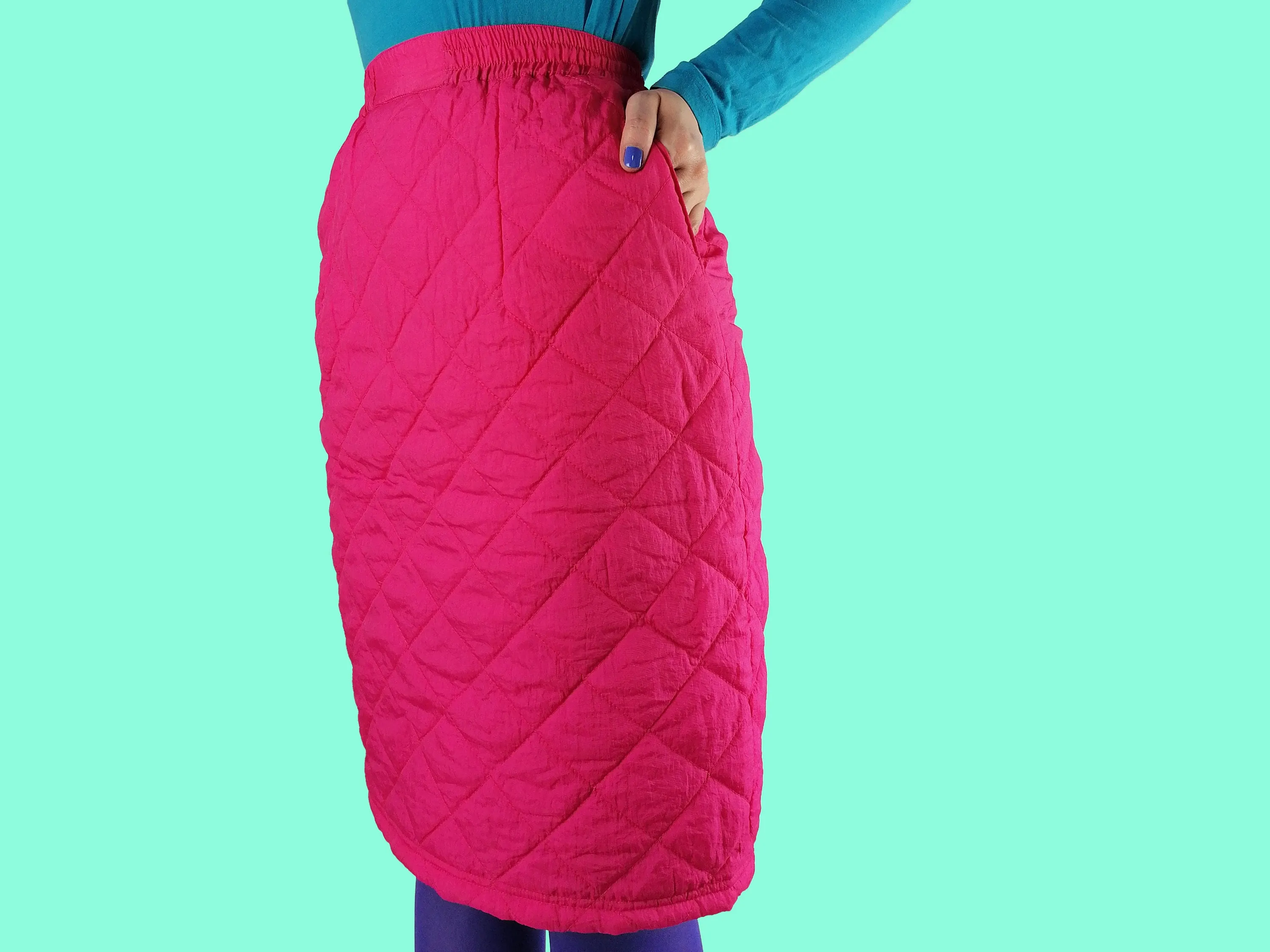 80's Quilted Skirt Nylon Padded High Waist in Pink ~ size S-M