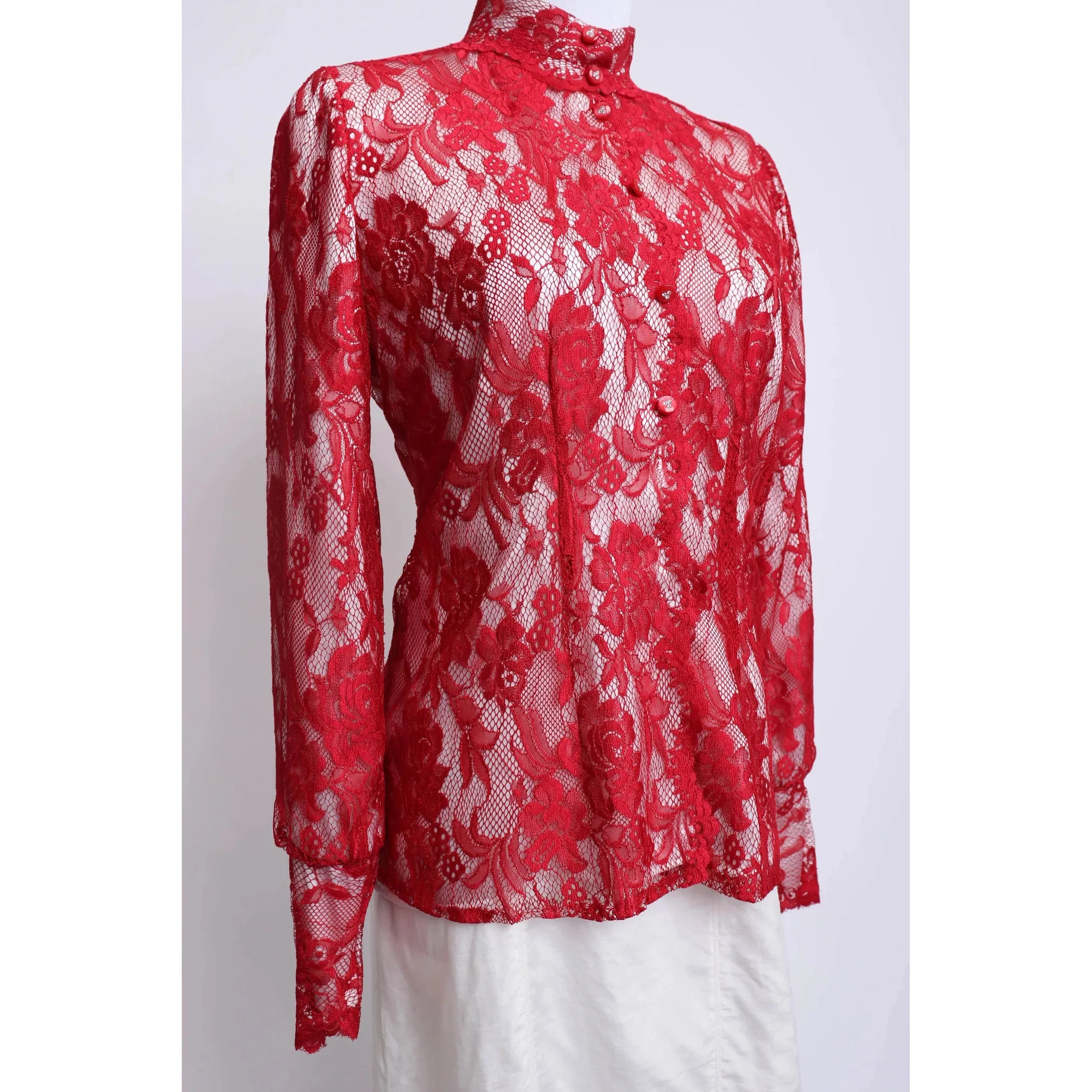 80’s Red Lace and White Silk Top | Size M