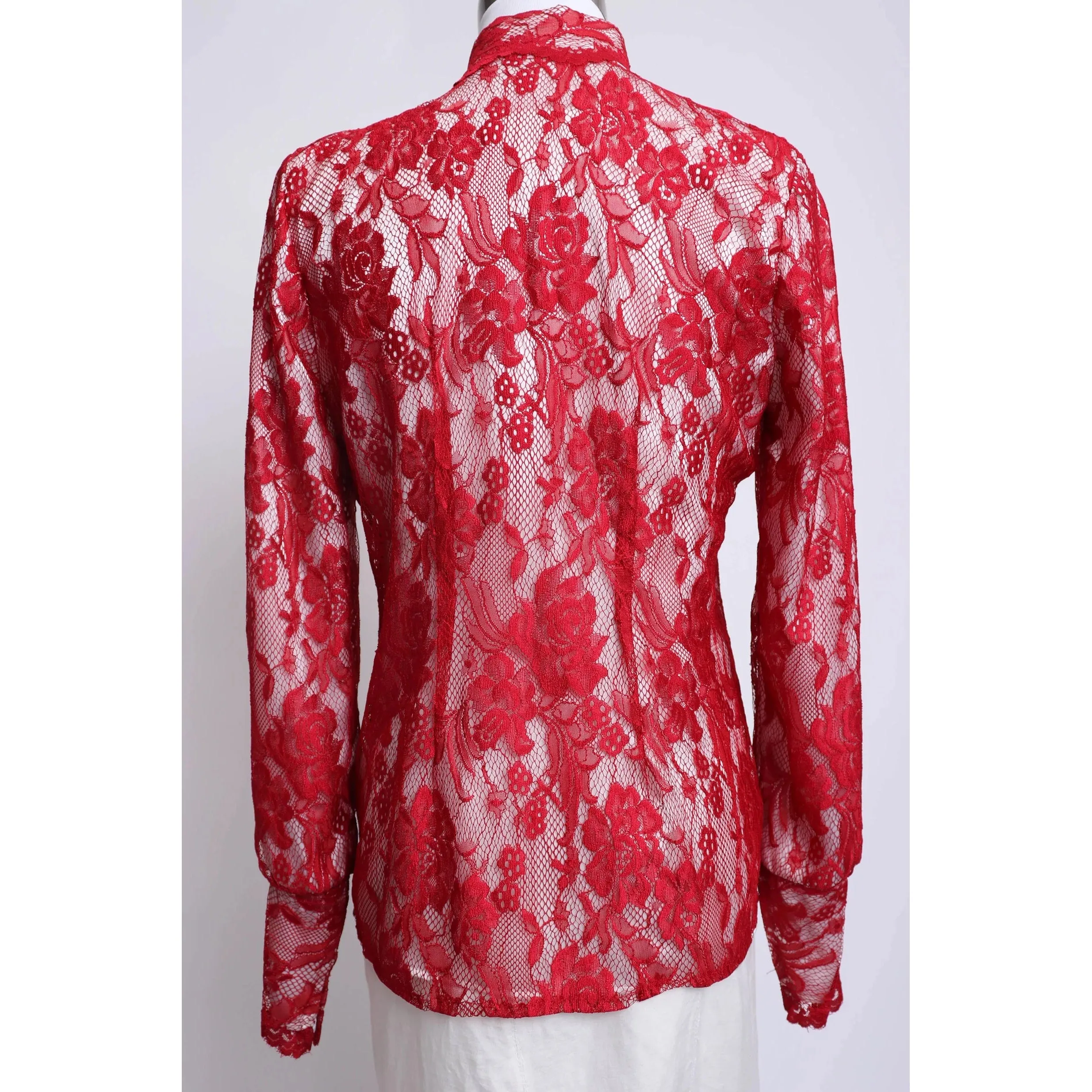 80’s Red Lace and White Silk Top | Size M