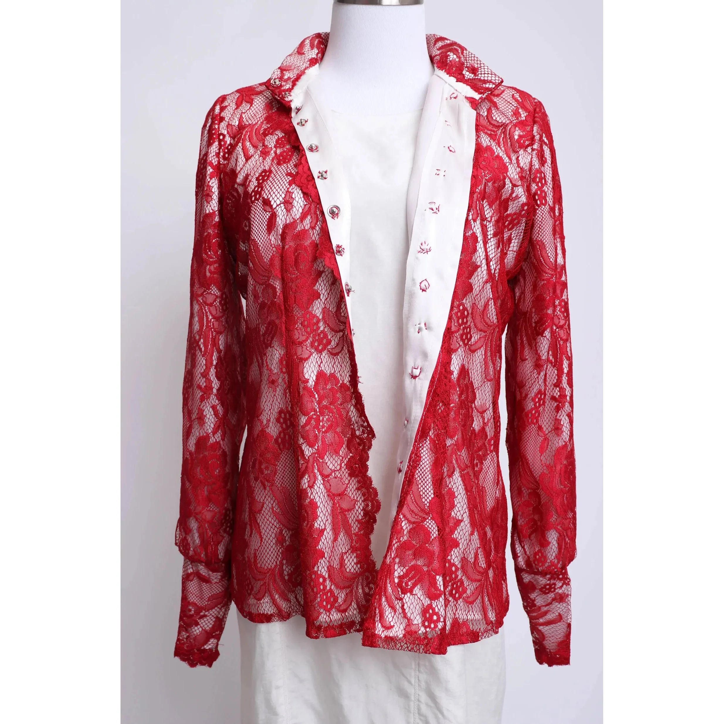 80’s Red Lace and White Silk Top | Size M