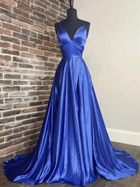 A Line V Neck Long Blue Prom, Blue Formal Graduation Evening