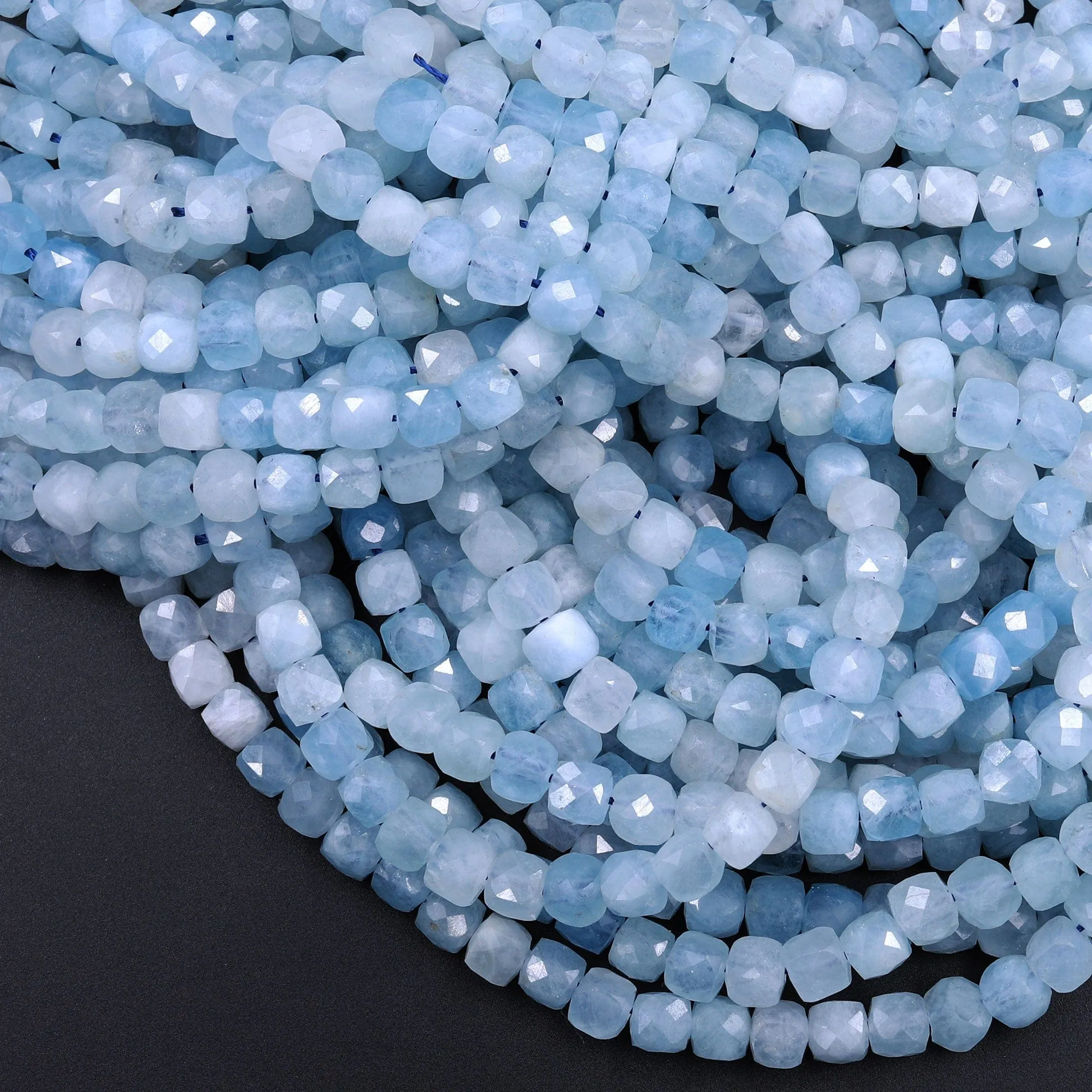 AA Natural Blue Aquamarine Faceted 5mm Cube Beads Micro Faceted Laser Diamond Cut 15.5" Strand