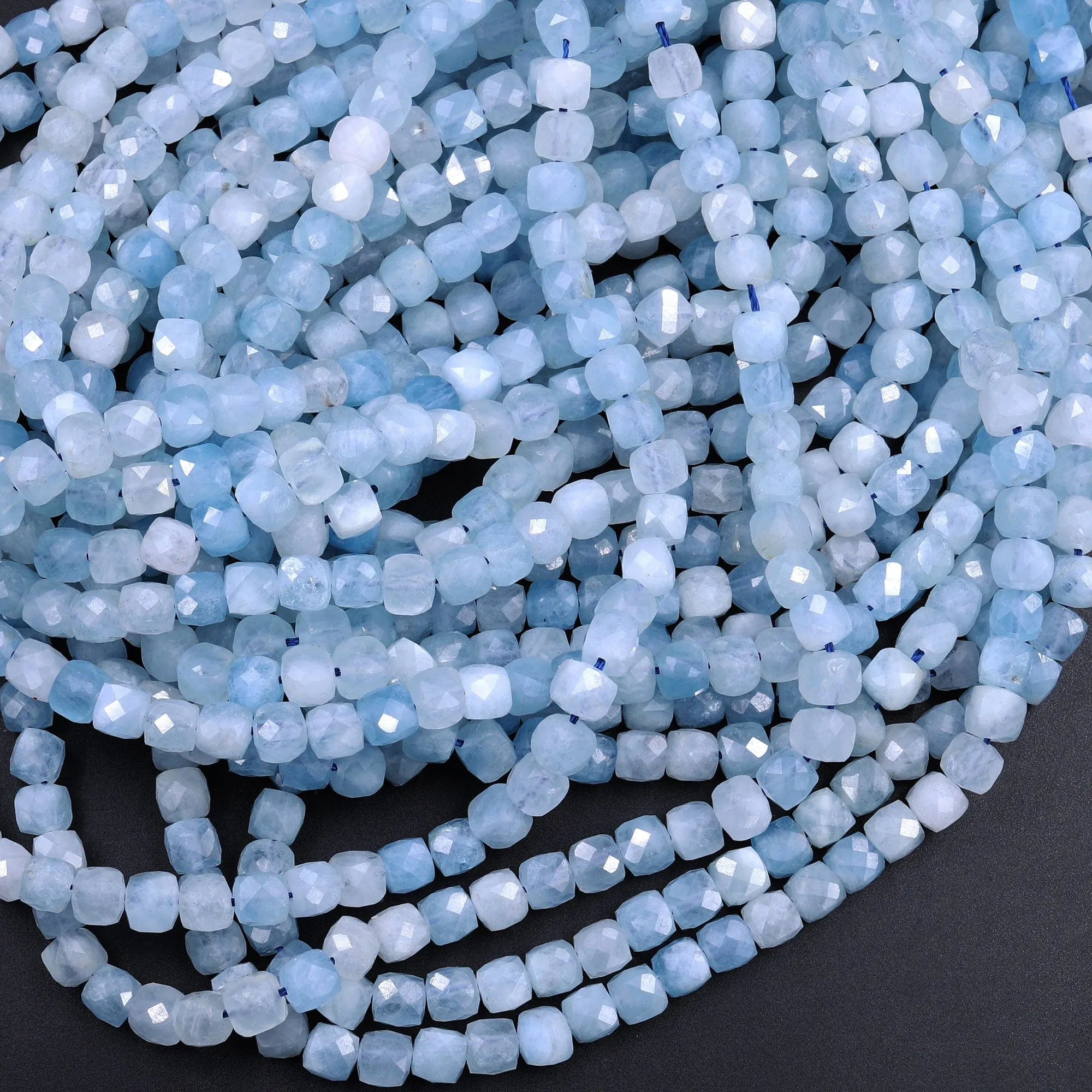 AA Natural Blue Aquamarine Faceted 5mm Cube Beads Micro Faceted Laser Diamond Cut 15.5" Strand