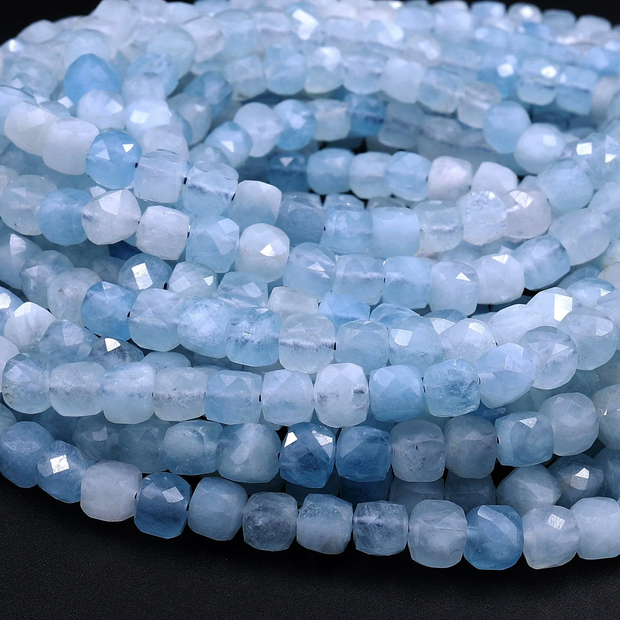 AA Natural Blue Aquamarine Faceted 5mm Cube Beads Micro Faceted Laser Diamond Cut 15.5" Strand