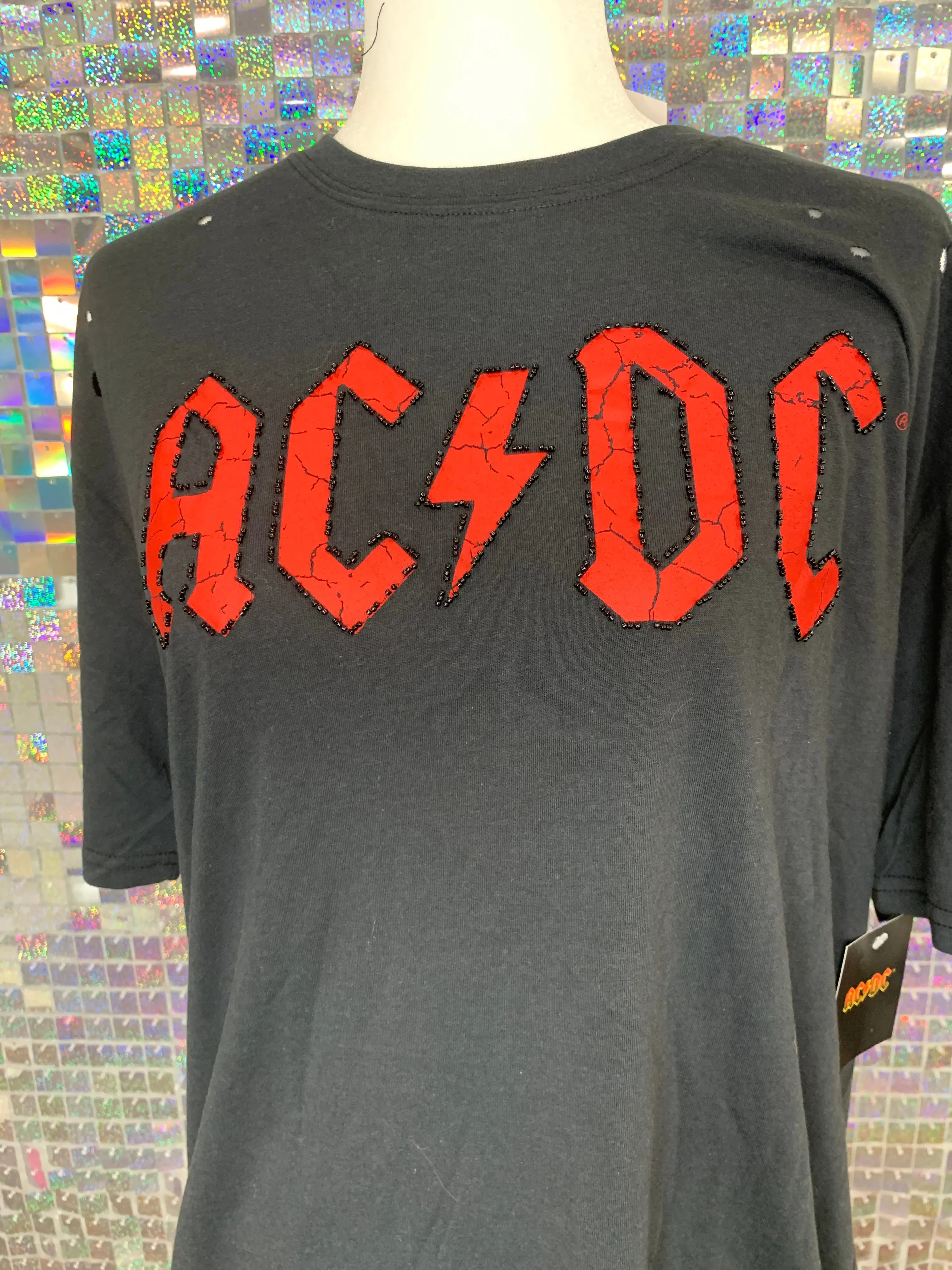 ACDC Distressed Bead Detail Graphic Tee - Black