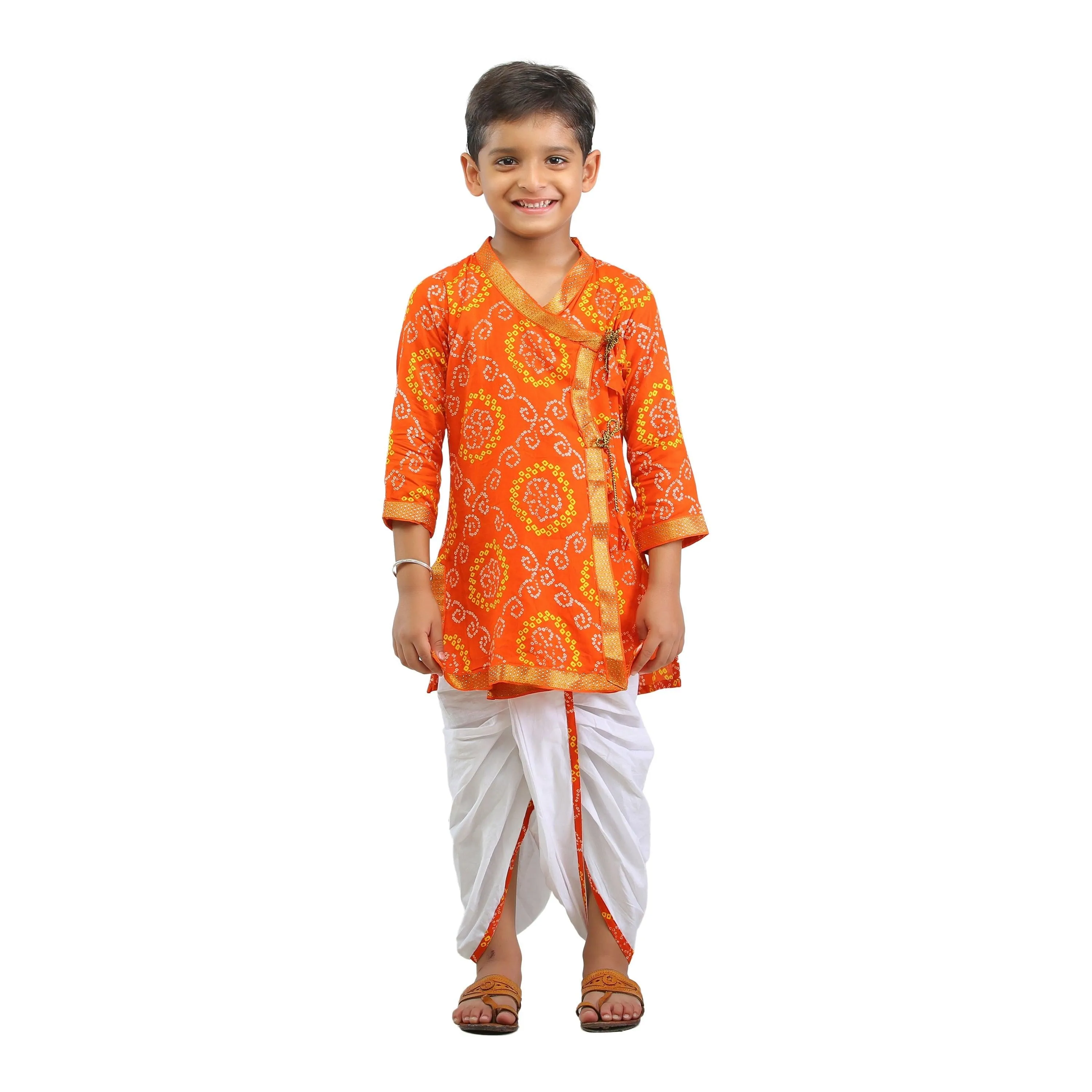 Ahhaaaa Kids Ethnic Cotton Bandhani Printed Kurta Dhoti Pant Set For Boys