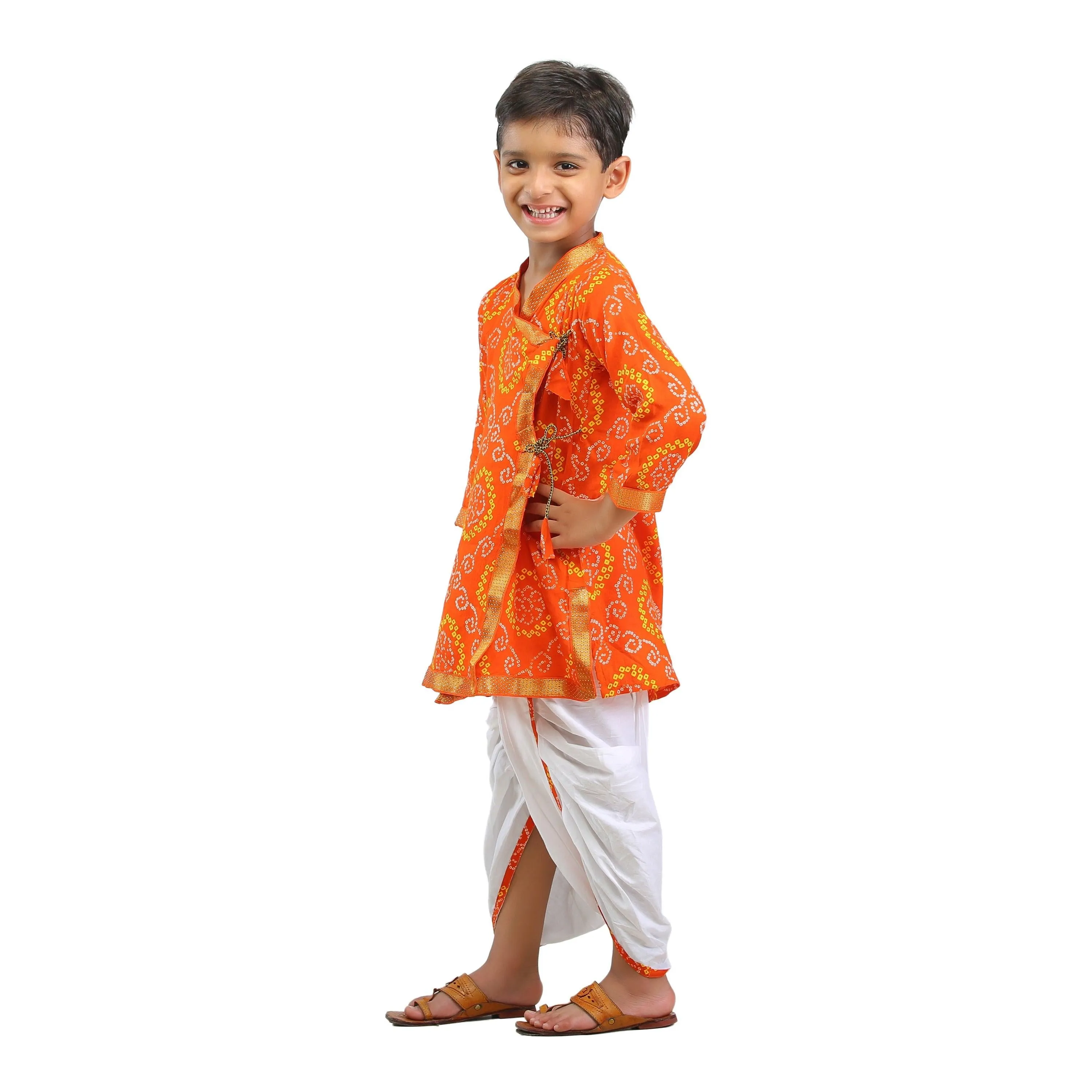 Ahhaaaa Kids Ethnic Cotton Bandhani Printed Kurta Dhoti Pant Set For Boys