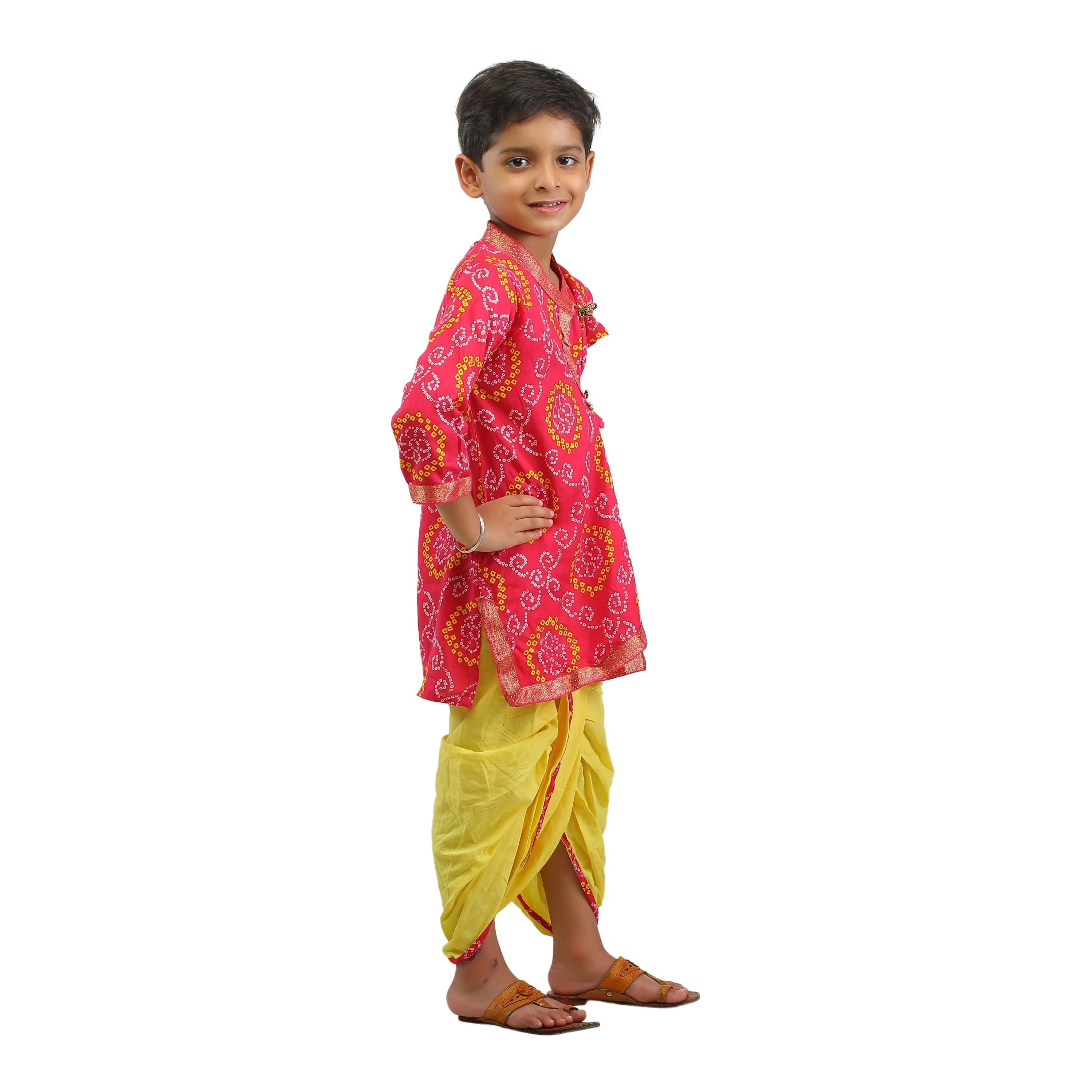 Ahhaaaa Kids Ethnic Cotton Bandhani Printed Kurta Dhoti Pant Set For Boys