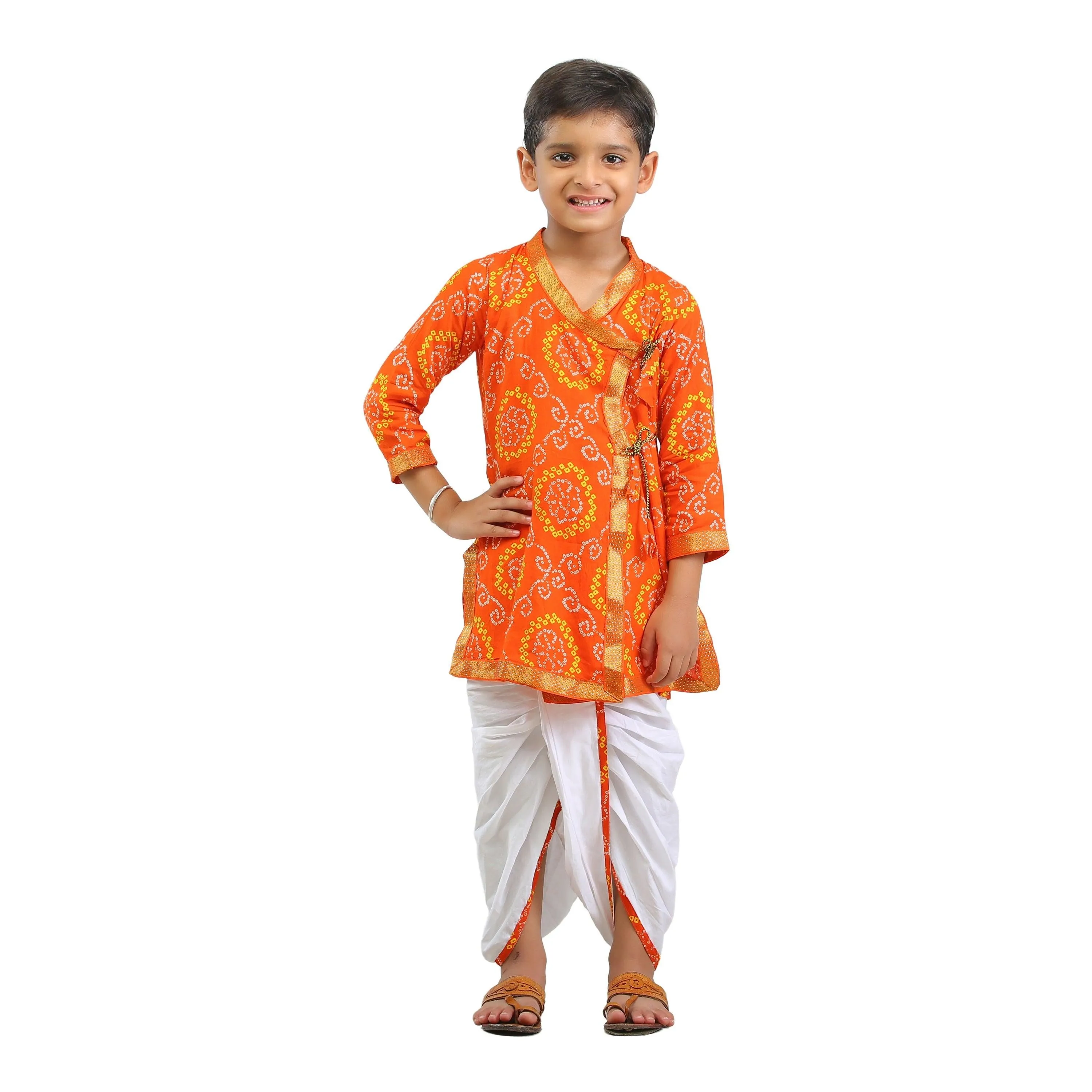 Ahhaaaa Kids Ethnic Cotton Bandhani Printed Kurta Dhoti Pant Set For Boys