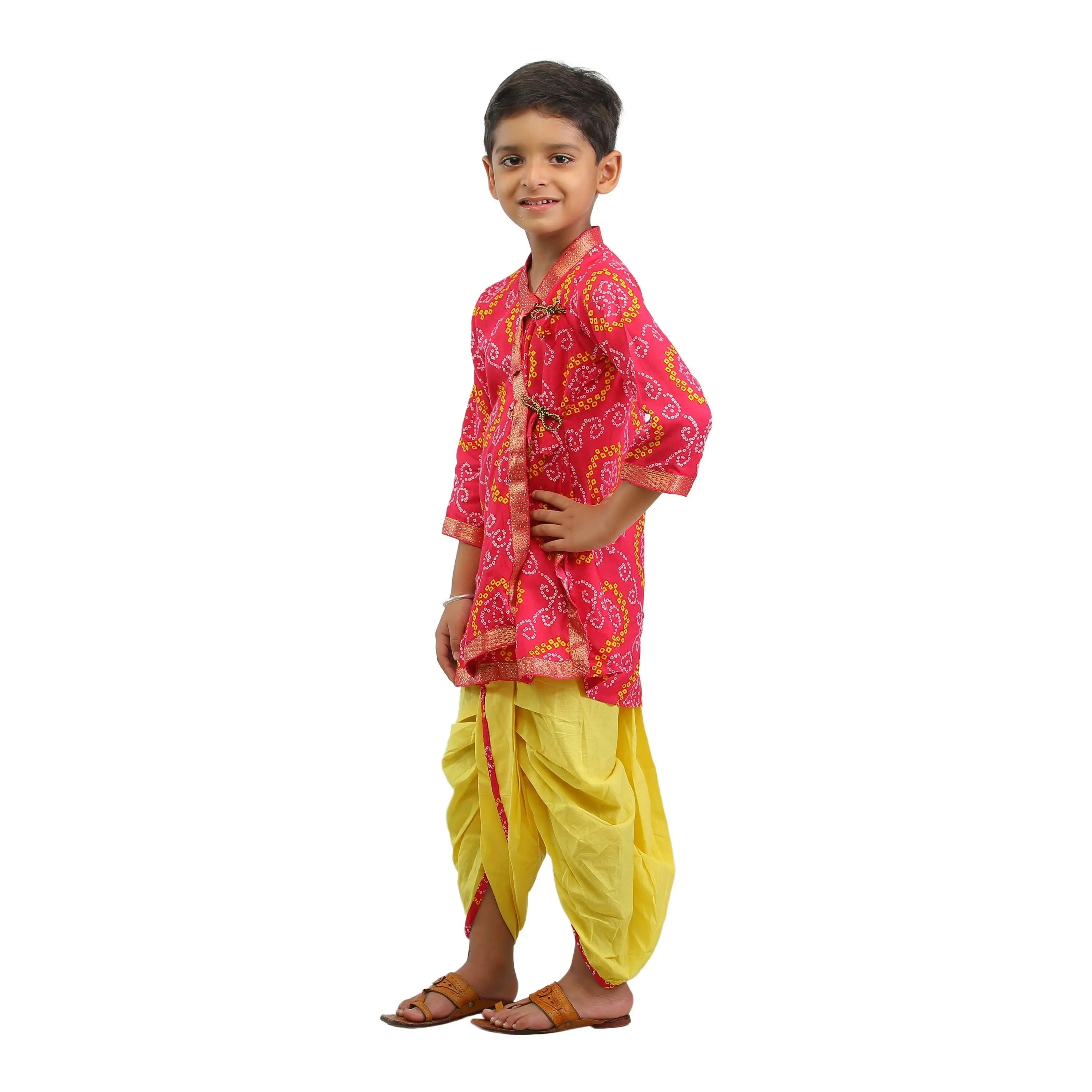 Ahhaaaa Kids Ethnic Cotton Bandhani Printed Kurta Dhoti Pant Set For Boys