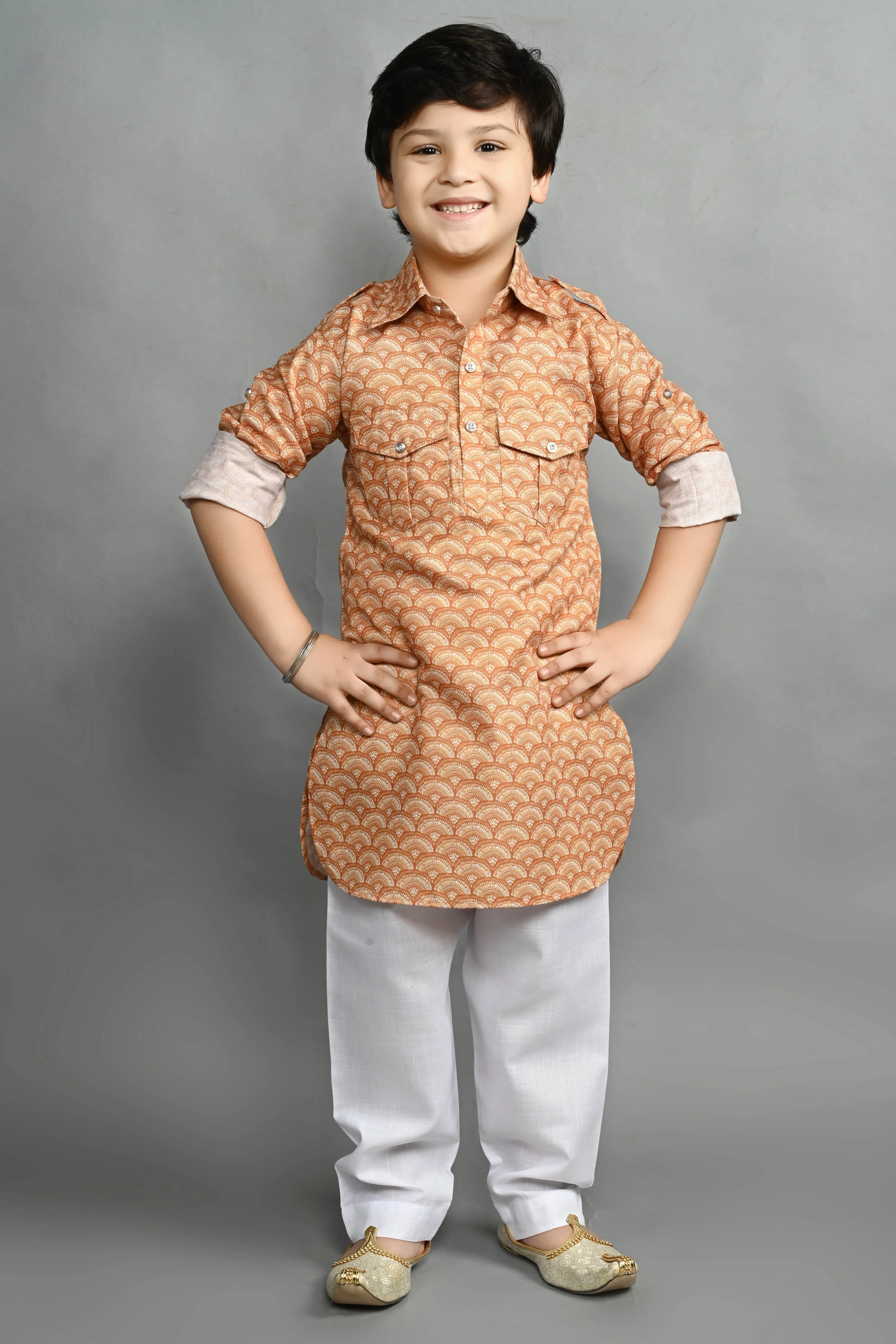 Ahhaaaa Kids Ethnic Wear Printed Cotton Kurta Pyjama Pathani Suit For Boys