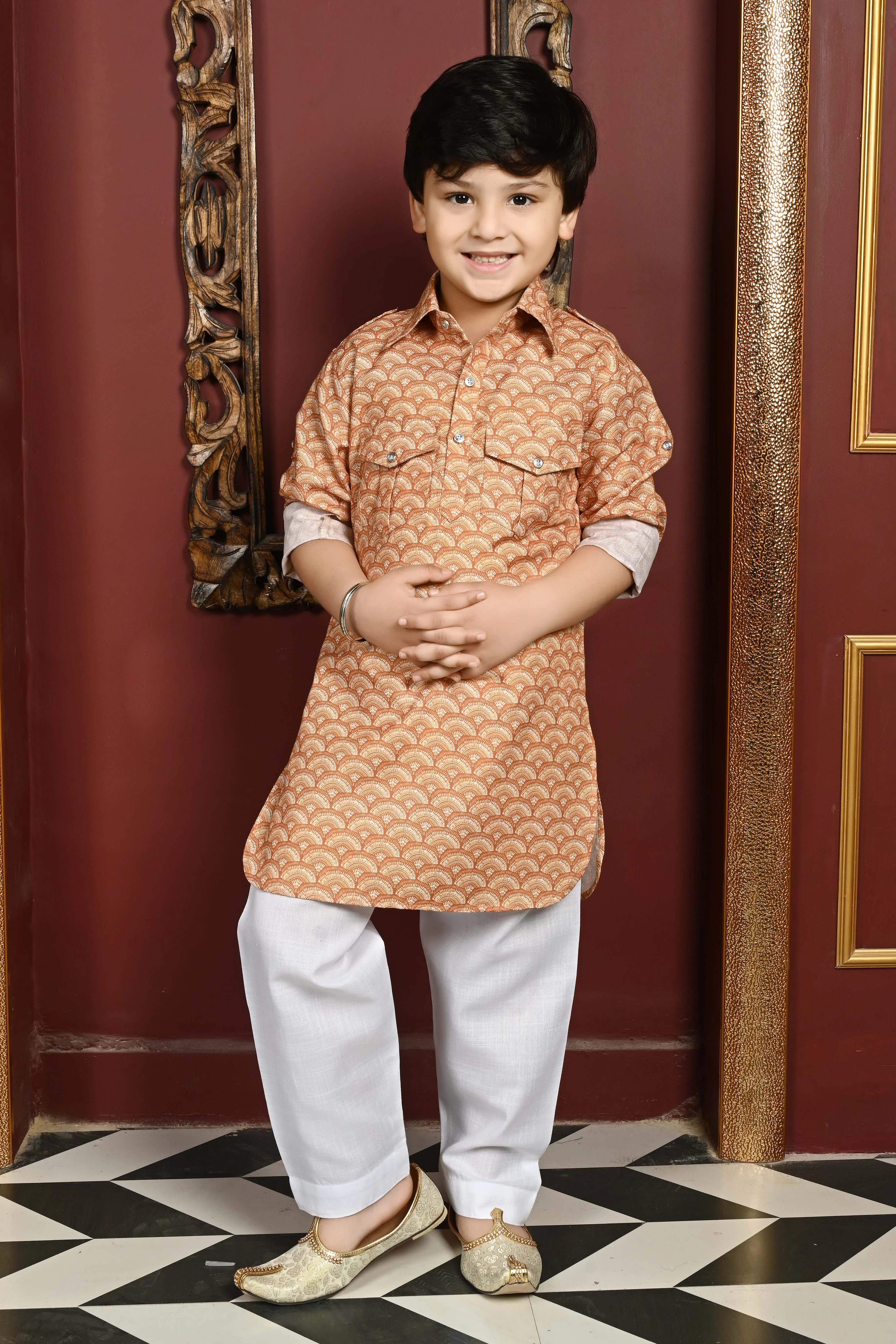 Ahhaaaa Kids Ethnic Wear Printed Cotton Kurta Pyjama Pathani Suit For Boys