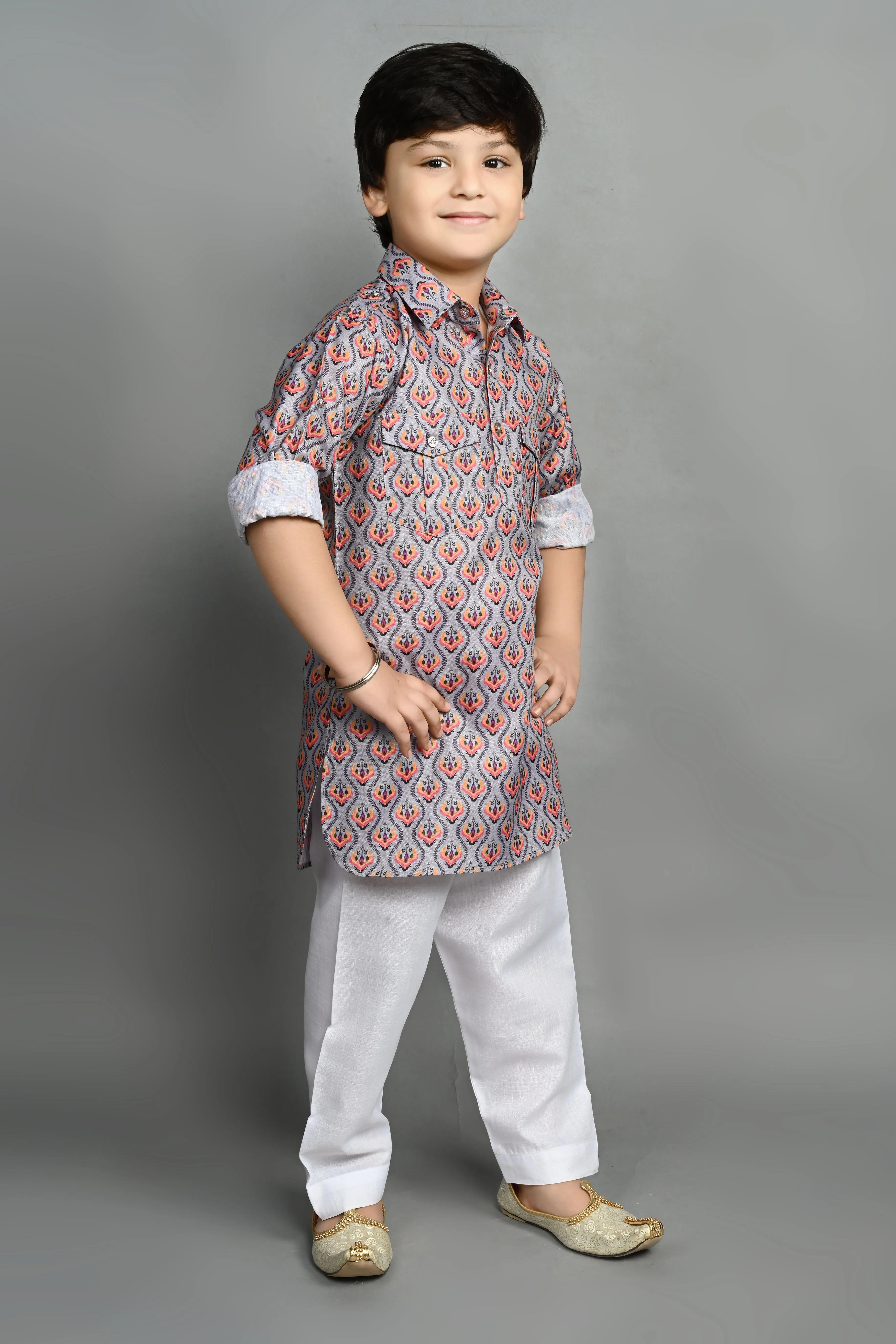 Ahhaaaa Kids Ethnic Wear Printed Cotton Kurta Pyjama Pathani Suit For Boys