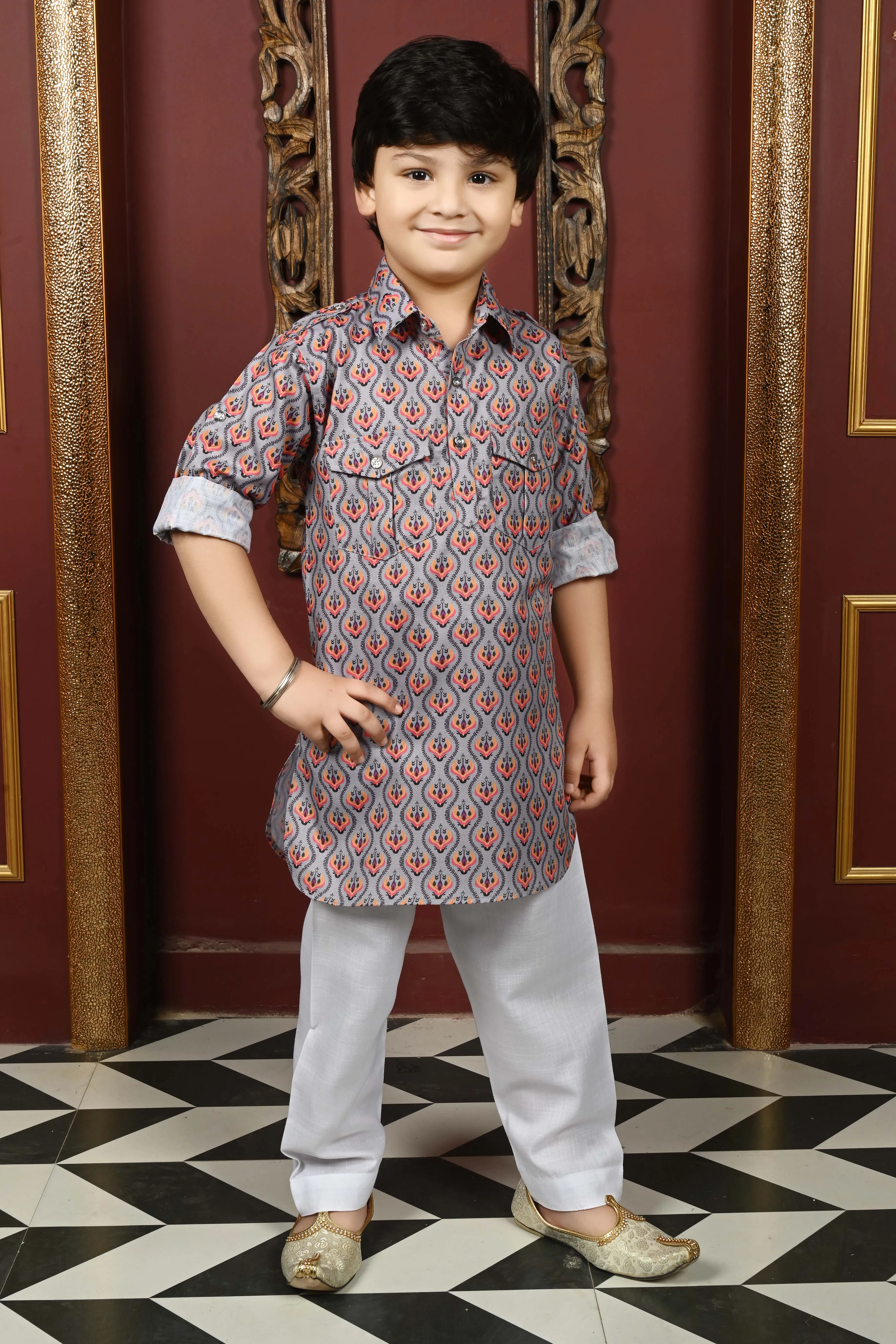 Ahhaaaa Kids Ethnic Wear Printed Cotton Kurta Pyjama Pathani Suit For Boys