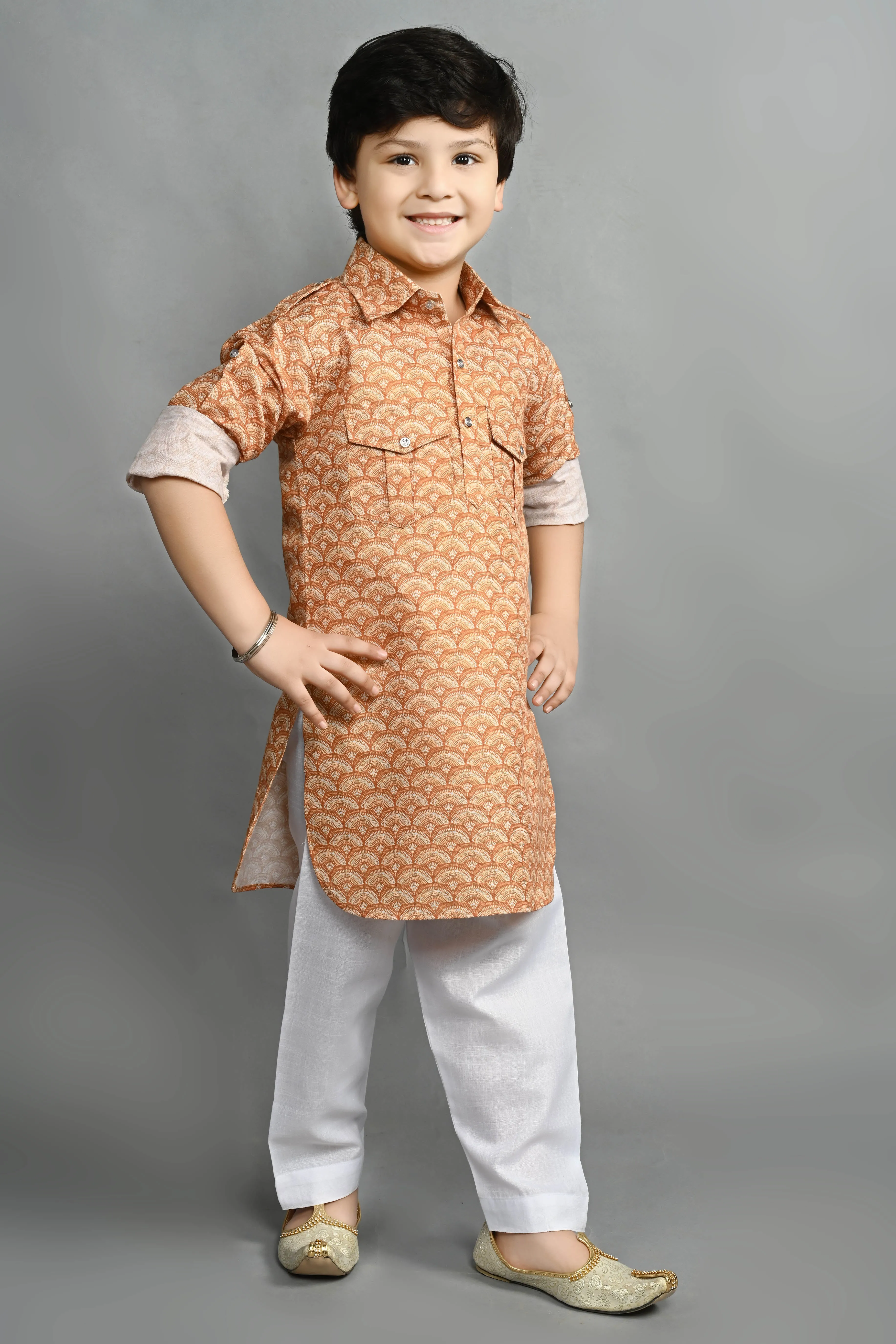 Ahhaaaa Kids Ethnic Wear Printed Cotton Kurta Pyjama Pathani Suit For Boys