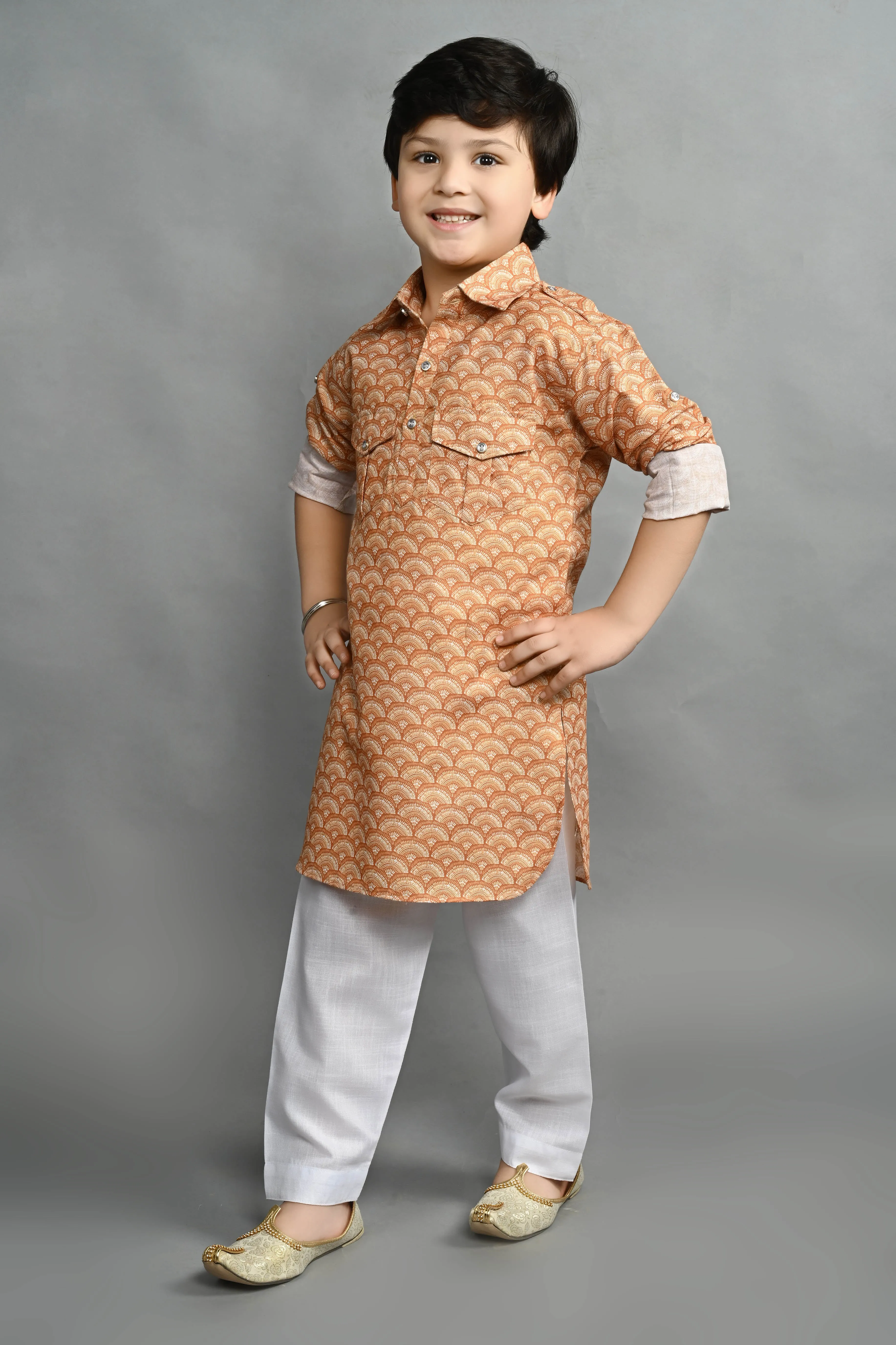 Ahhaaaa Kids Ethnic Wear Printed Cotton Kurta Pyjama Pathani Suit For Boys