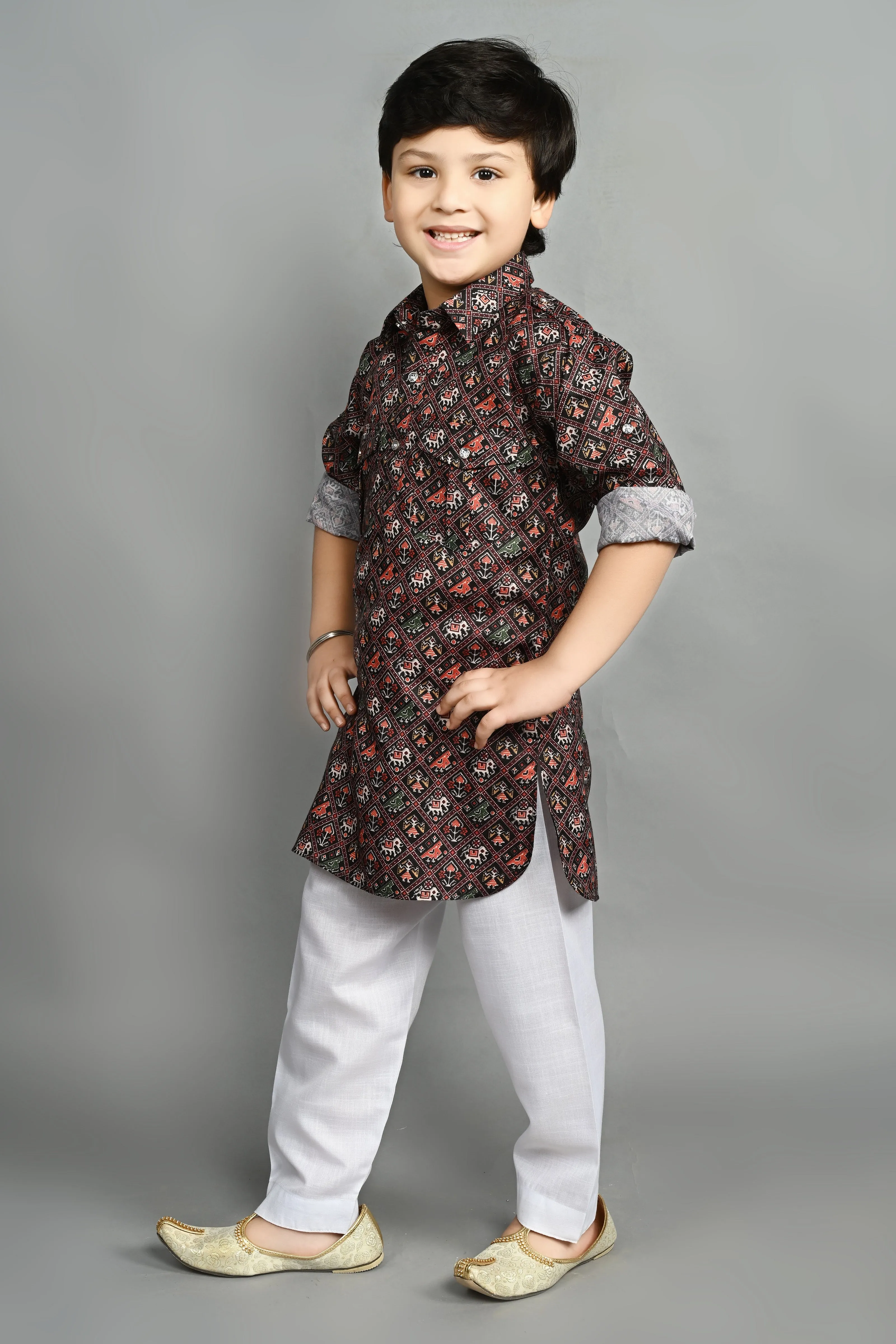 Ahhaaaa Kids Ethnic Wear Printed Cotton Kurta Pyjama Pathani Suit For Boys