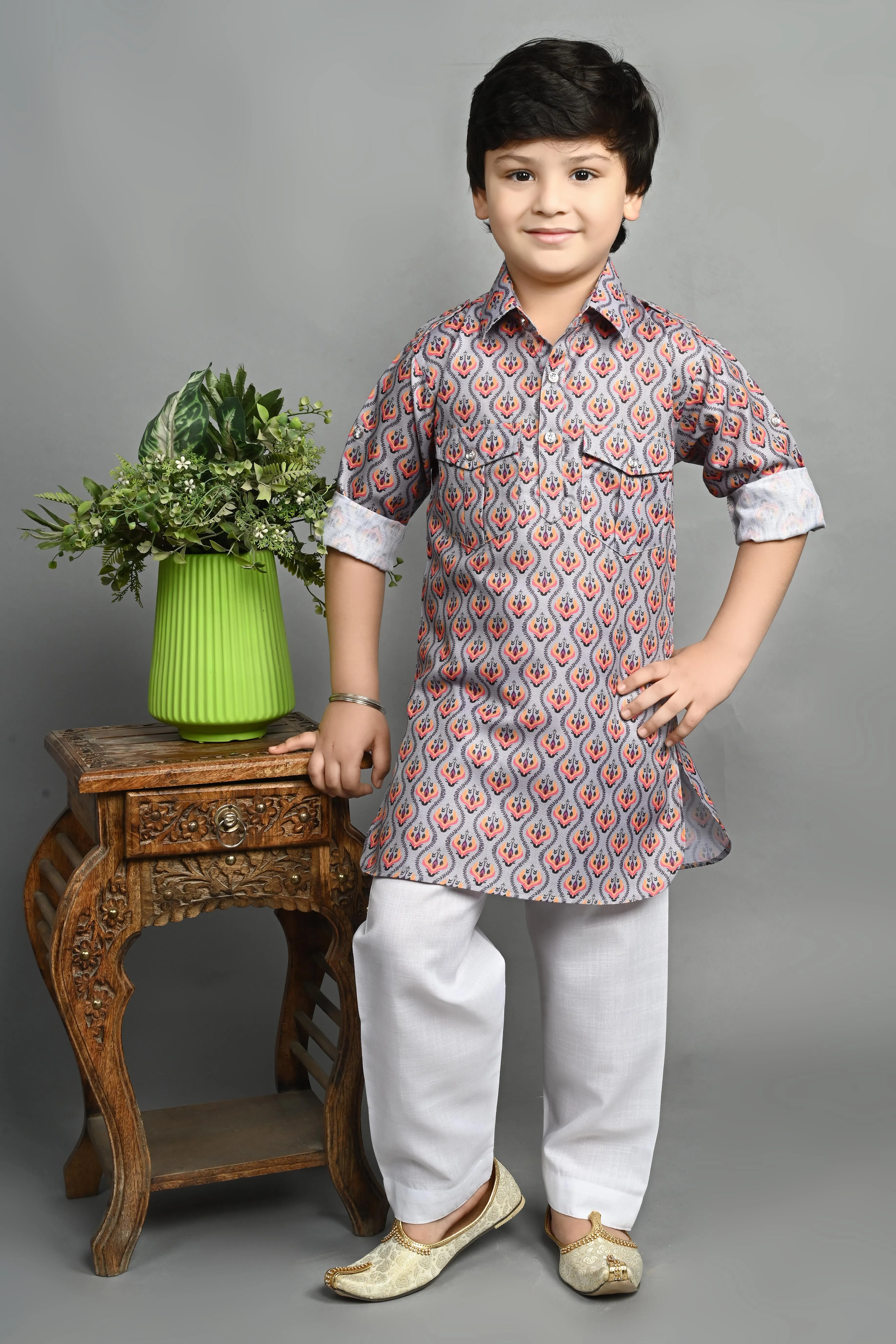 Ahhaaaa Kids Ethnic Wear Printed Cotton Kurta Pyjama Pathani Suit For Boys