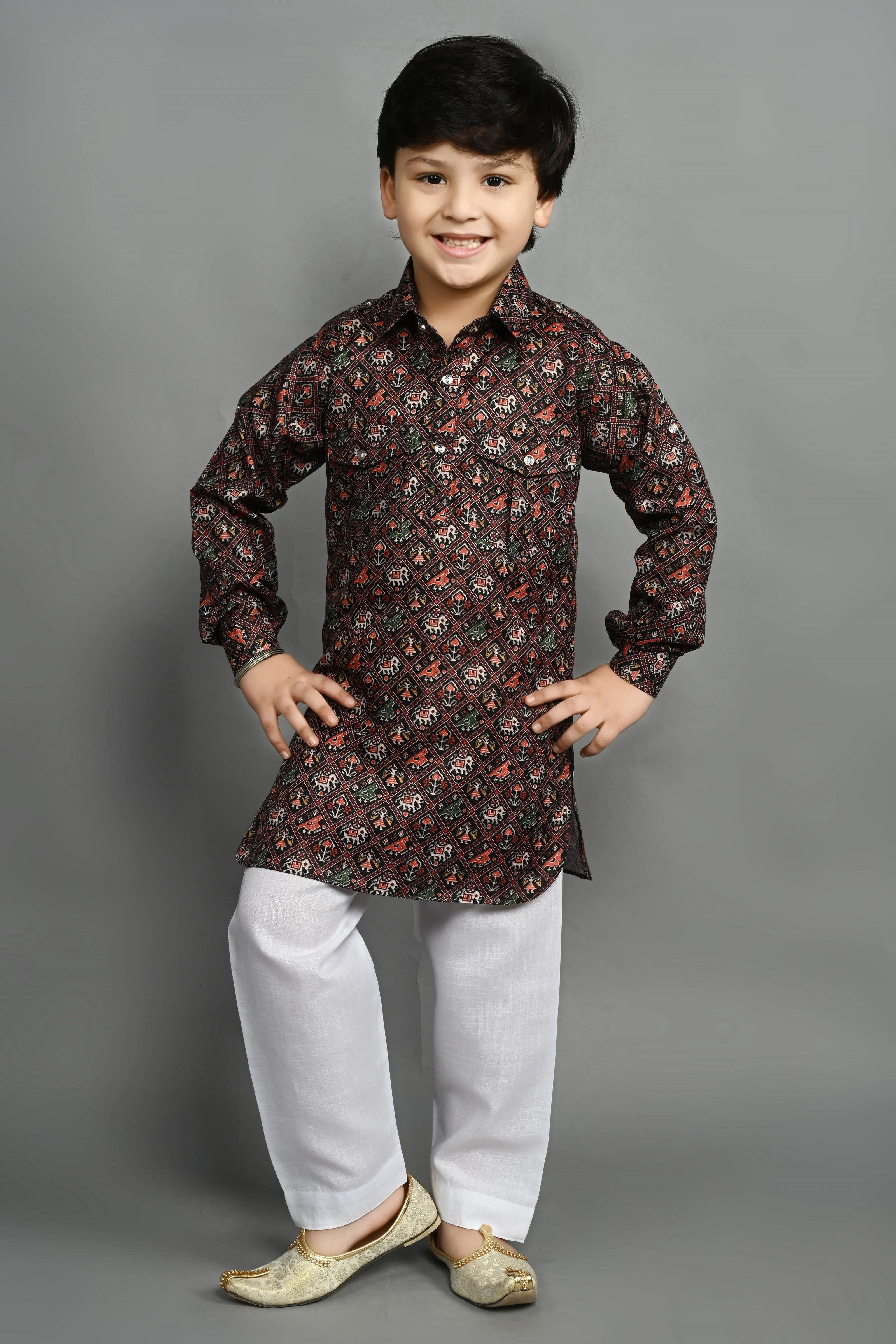 Ahhaaaa Kids Ethnic Wear Printed Cotton Kurta Pyjama Pathani Suit For Boys