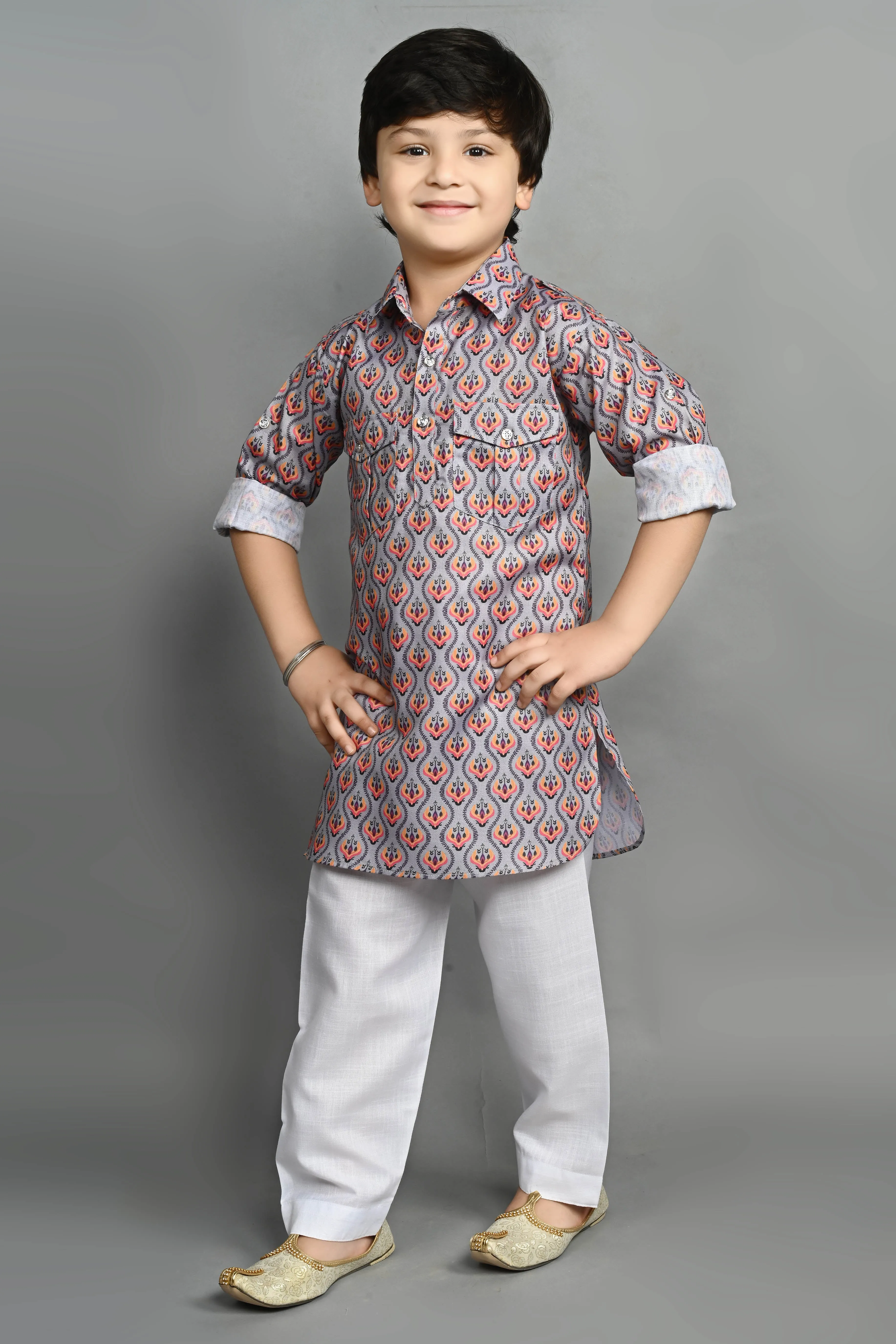 Ahhaaaa Kids Ethnic Wear Printed Cotton Kurta Pyjama Pathani Suit For Boys