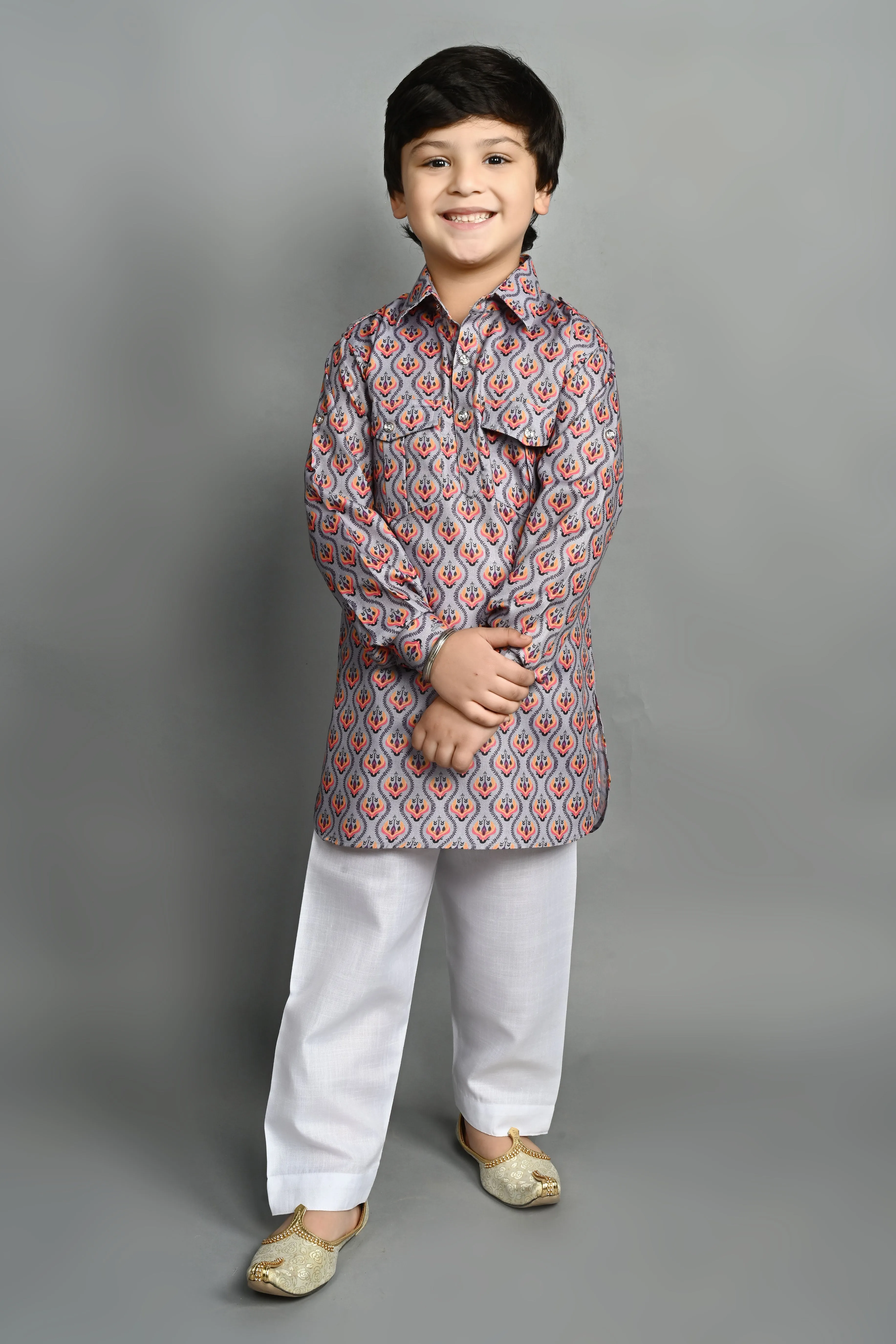 Ahhaaaa Kids Ethnic Wear Printed Cotton Kurta Pyjama Pathani Suit For Boys