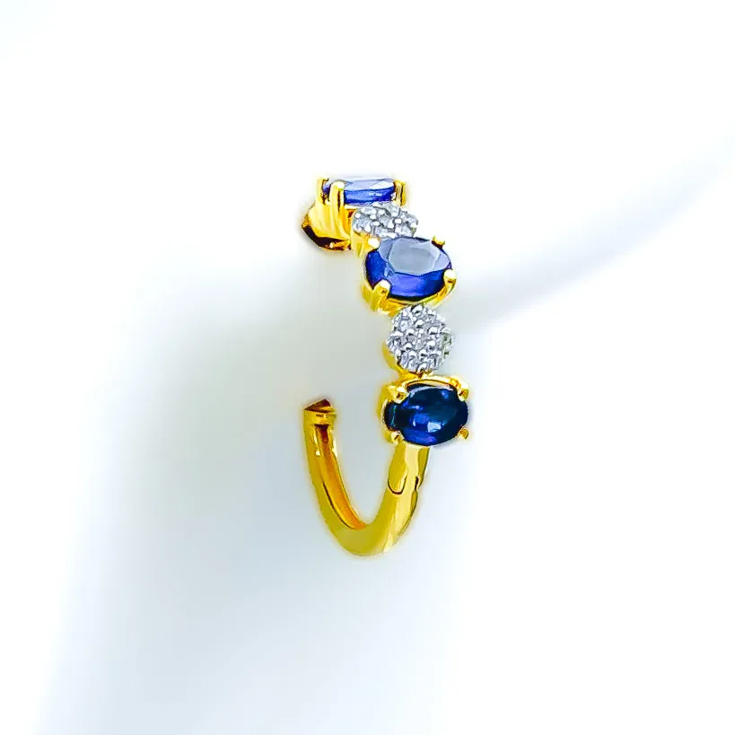 Alternating Blue Sapphire 18K Gold   Diamond Bali Earrings