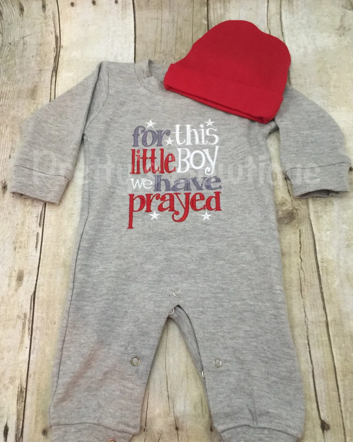 Baby Boy Coming Home Outfit -- For This Little Boy We Have Prayed Romper & Hat with Embroidered Name