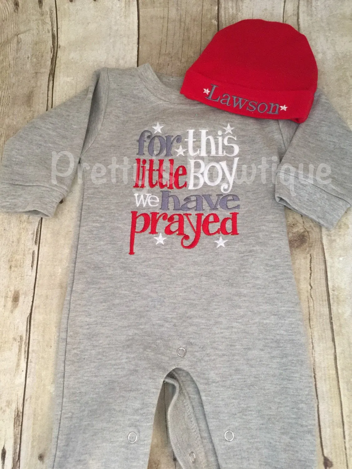 Baby Boy Coming Home Outfit -- For This Little Boy We Have Prayed Romper & Hat with Embroidered Name