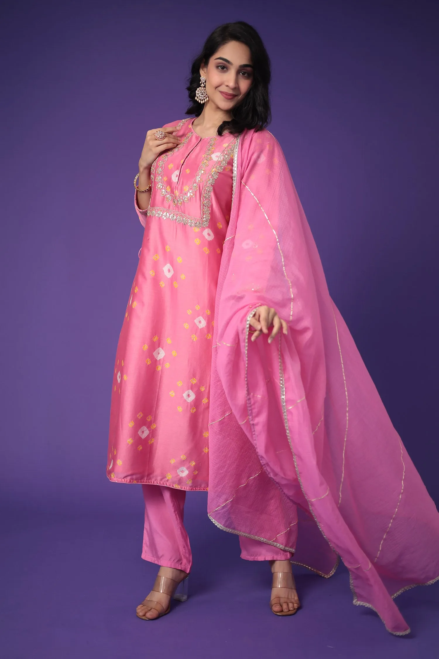 Bandhej Chanderi Silk Suit with Embroidered work