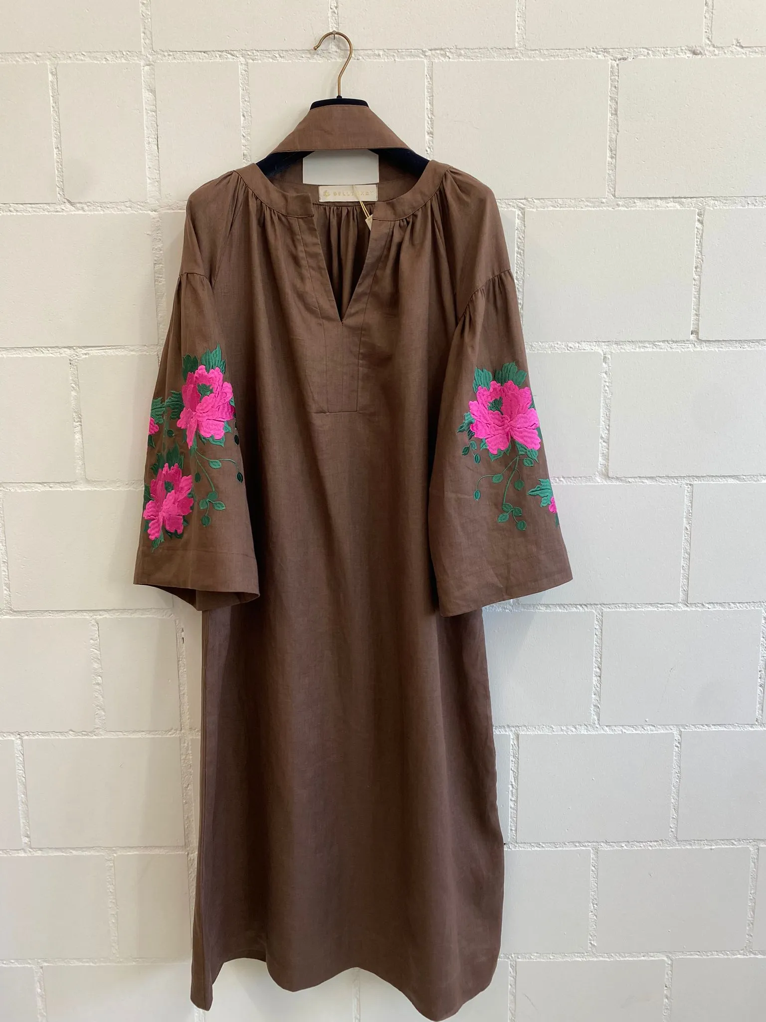 Belle Ikat Brown Embroidered Linen Dress