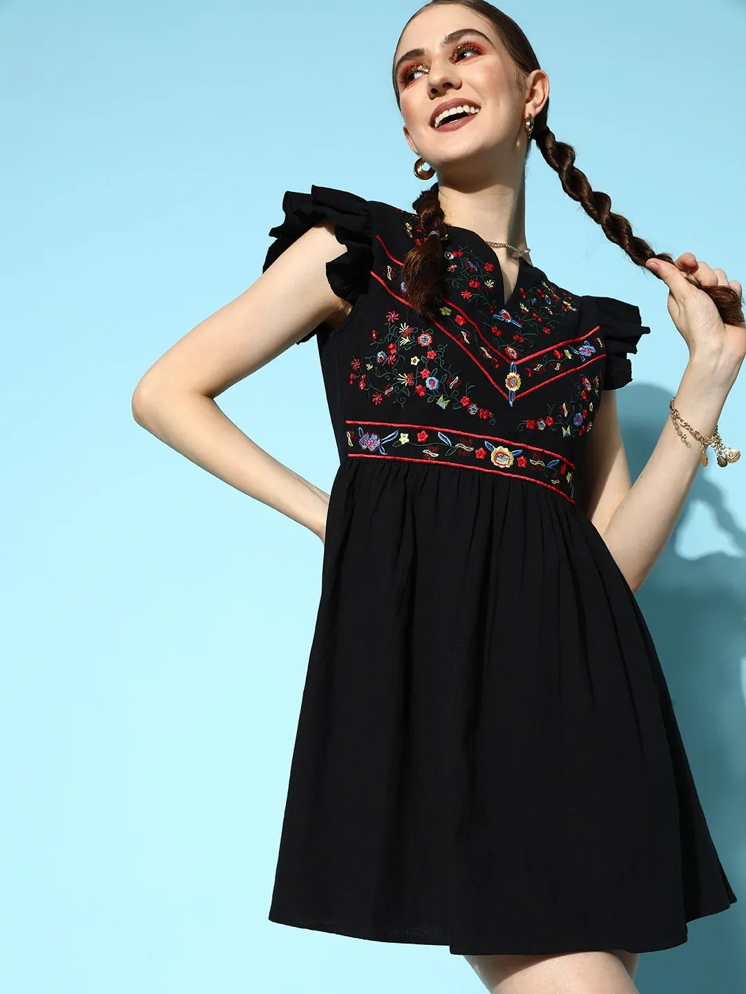 Berrylush Women Black Floral Printed Round Neck Cotton Embroidered Fit & Flare Mini Dress