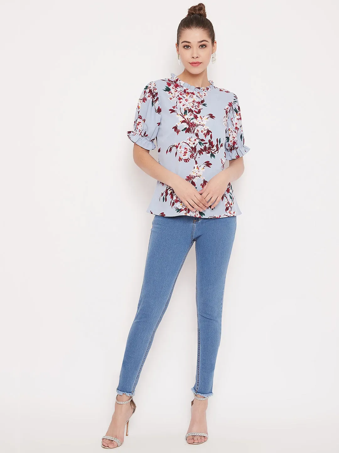 Berrylush Women Blue Floral Printed Round High Neck Top