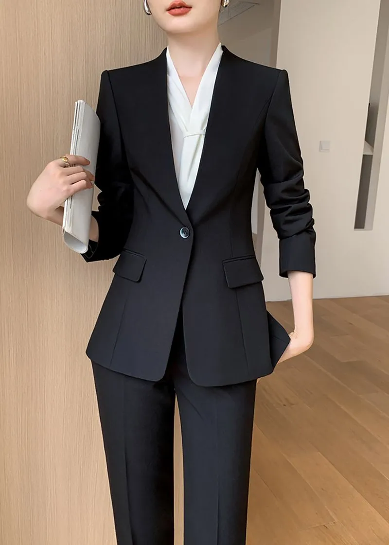 Black One Button Blazer & Cropped Pants Suit Two-Piece Set