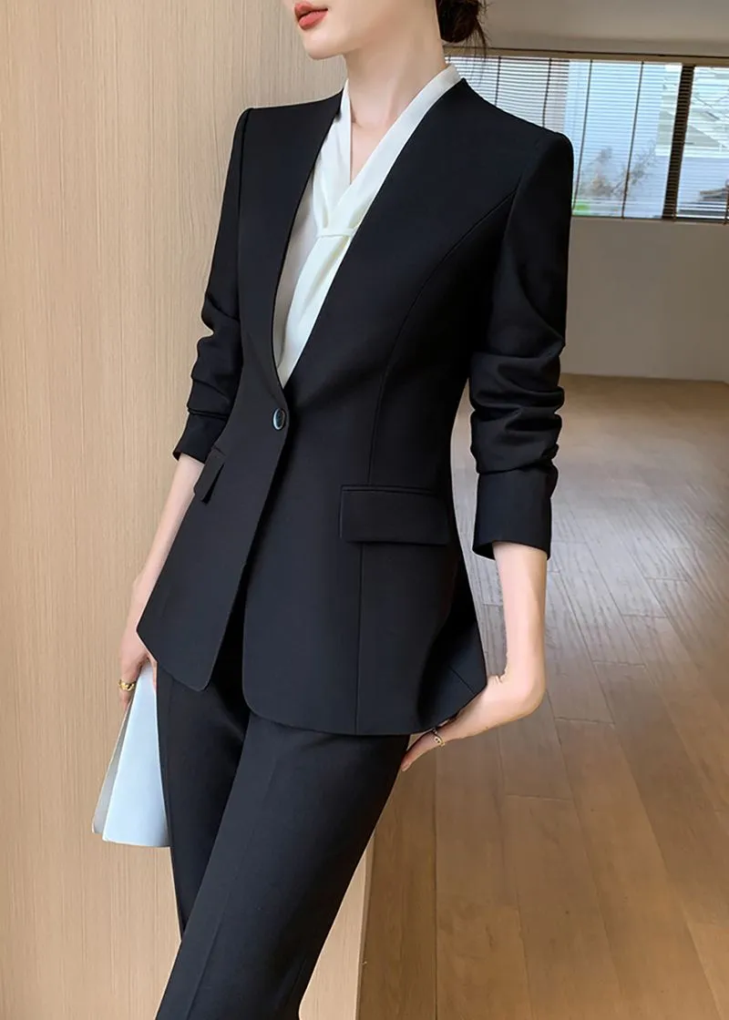 Black One Button Blazer & Cropped Pants Suit Two-Piece Set