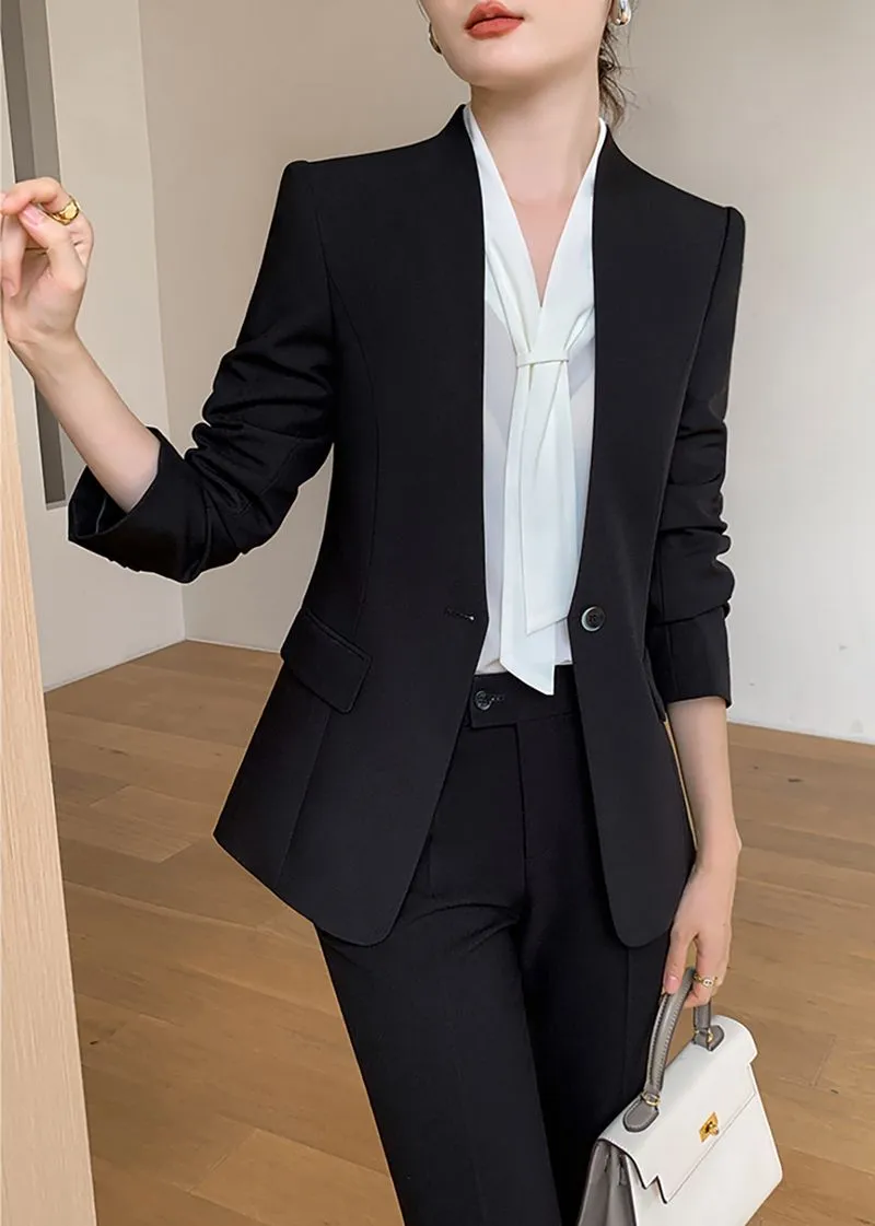 Black One Button Blazer & Cropped Pants Suit Two-Piece Set