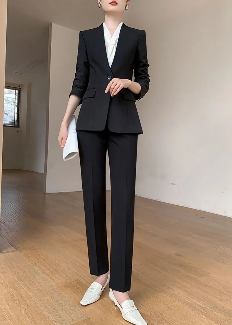 Black One Button Blazer & Cropped Pants Suit Two-Piece Set