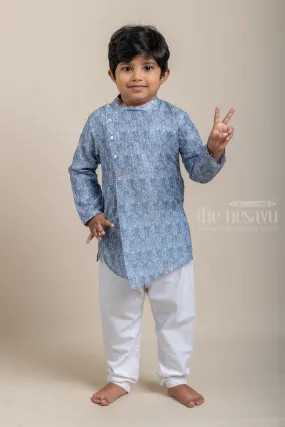 Blue All Over Paisley Printed Boys Kurta with White Pant