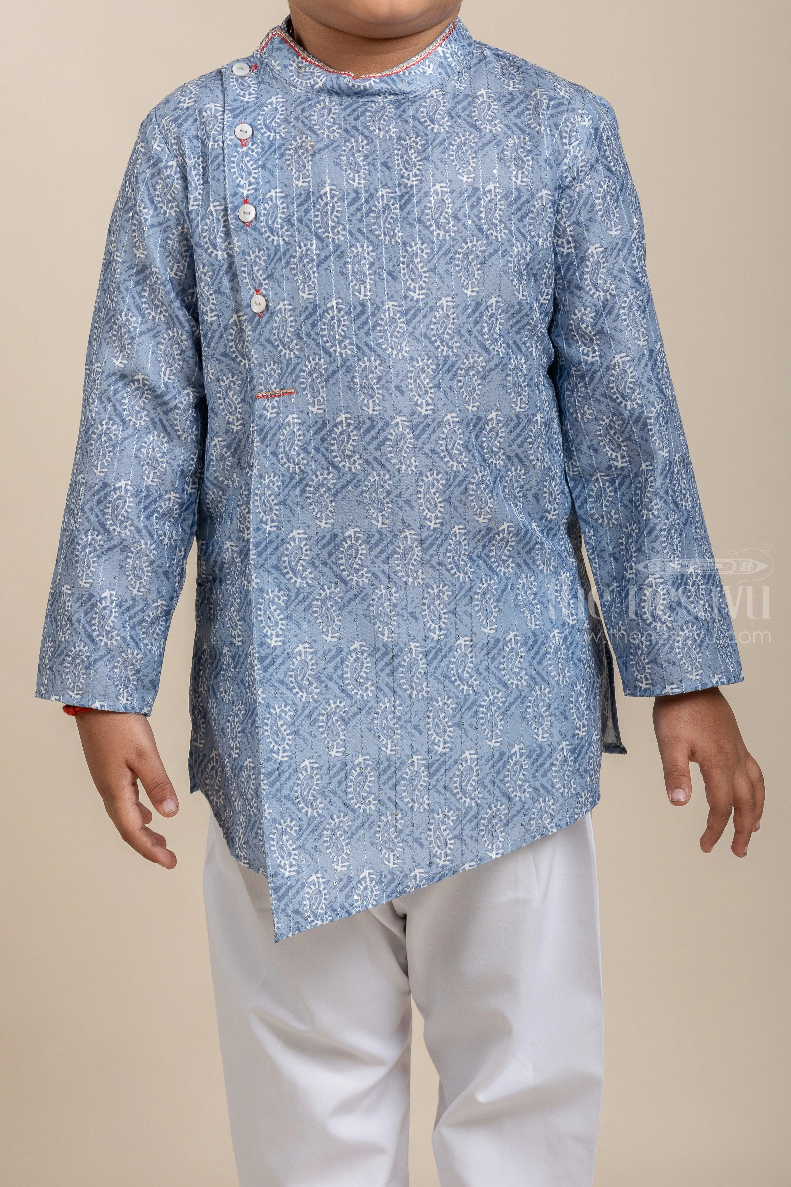 Blue All Over Paisley Printed Boys Kurta with White Pant