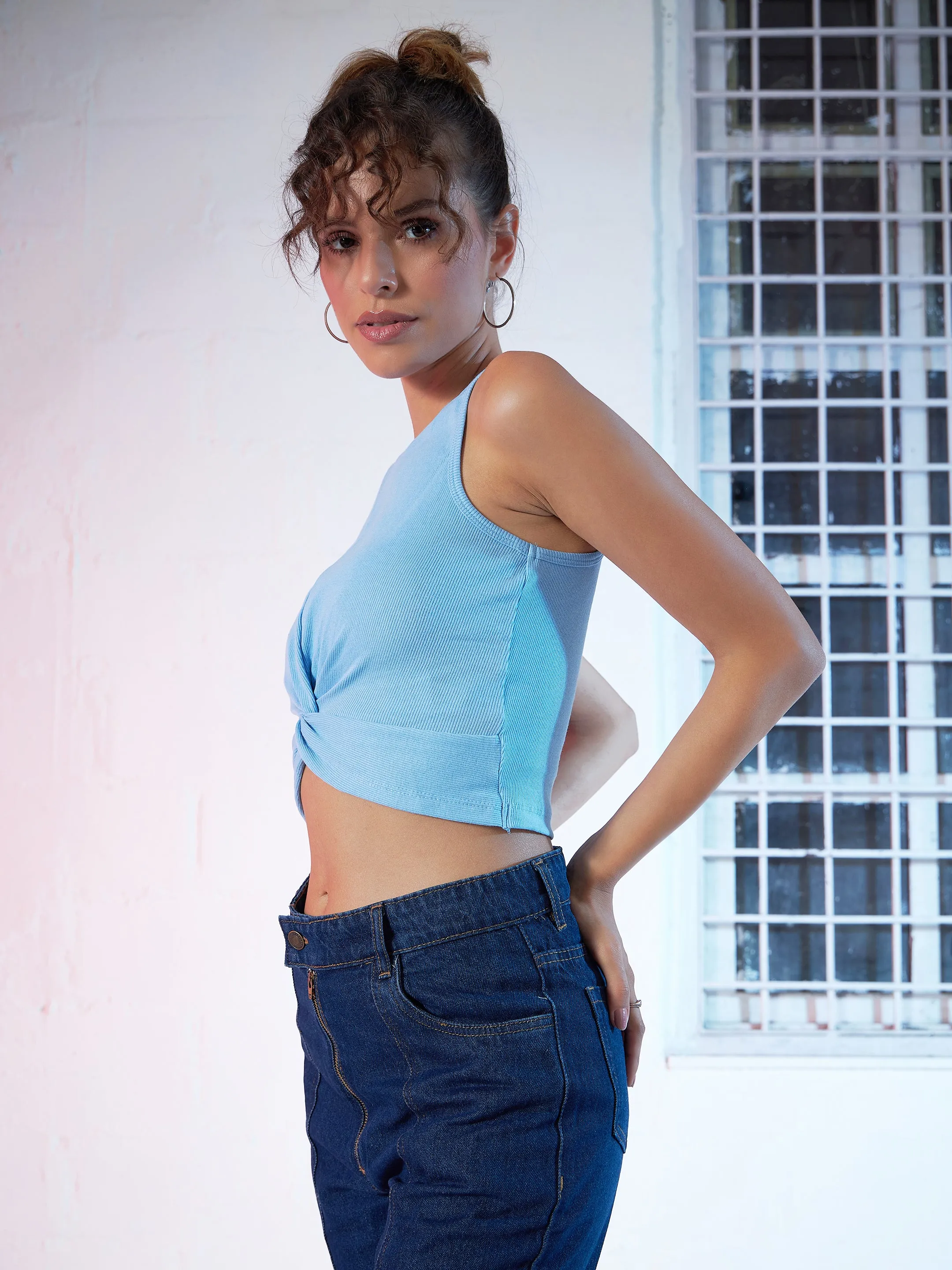 Blue Front Knot Crop Top