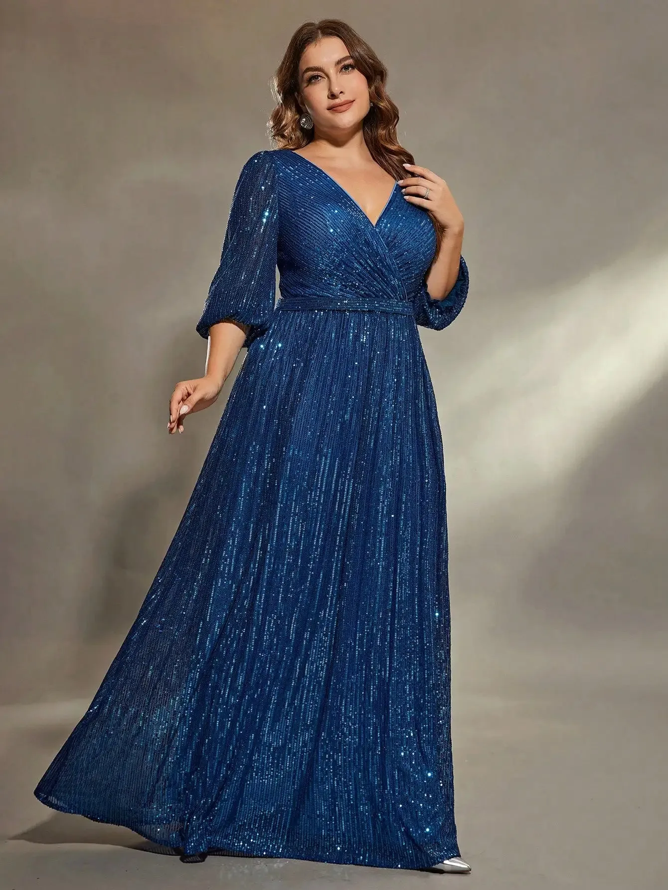 Blue Plus Size V Neck Pleated Sequin Evening Party Dress