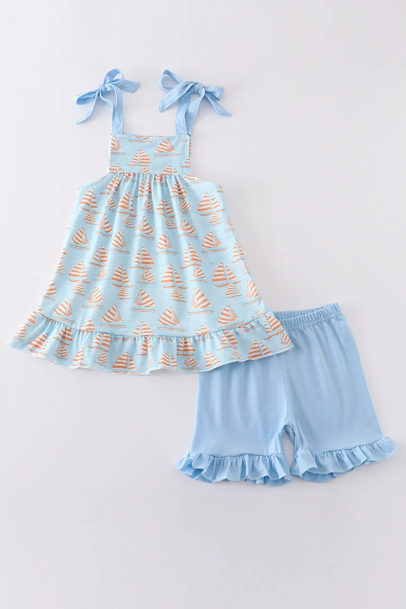 Blue sailboat print ruffle girl set