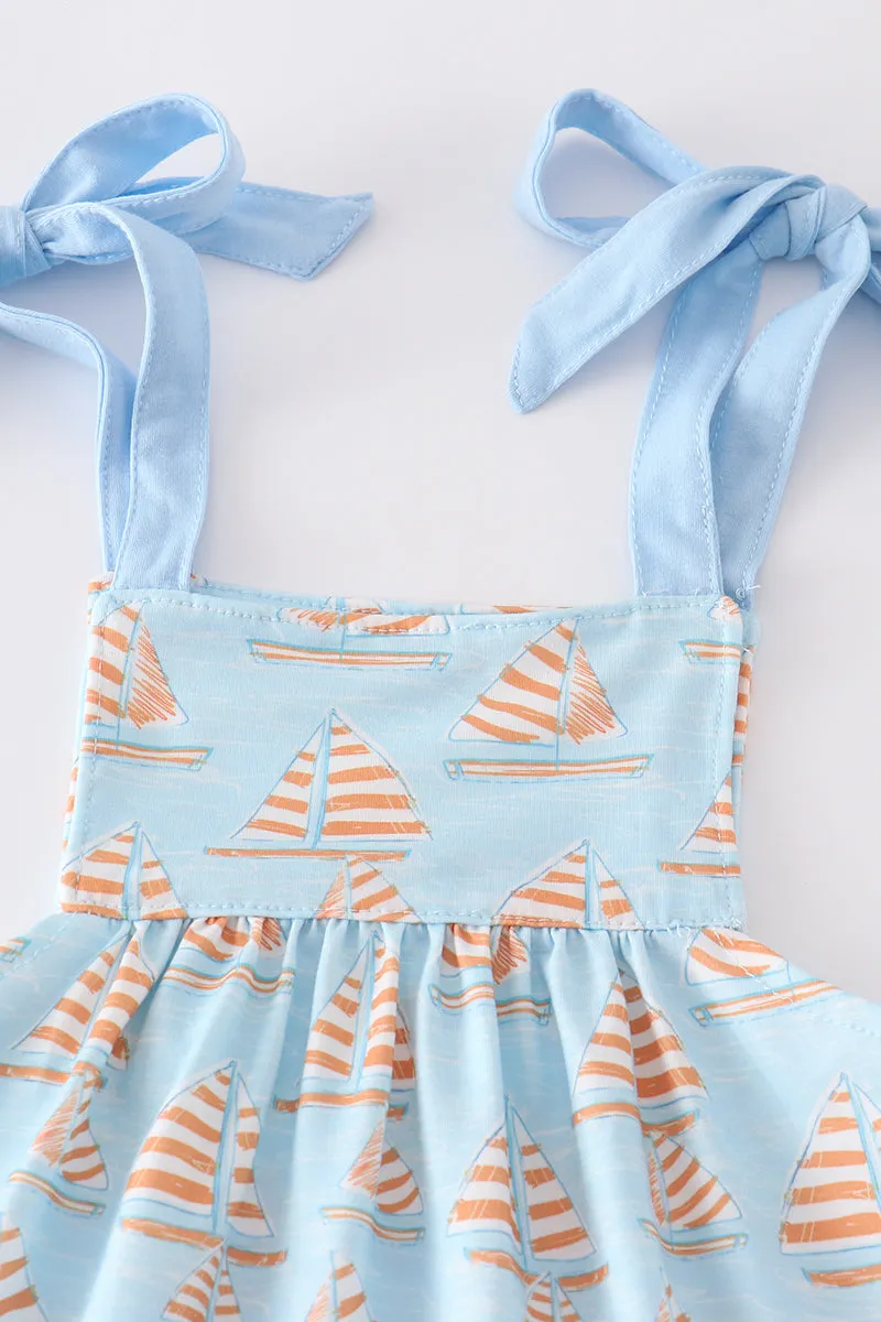 Blue sailboat print ruffle girl set