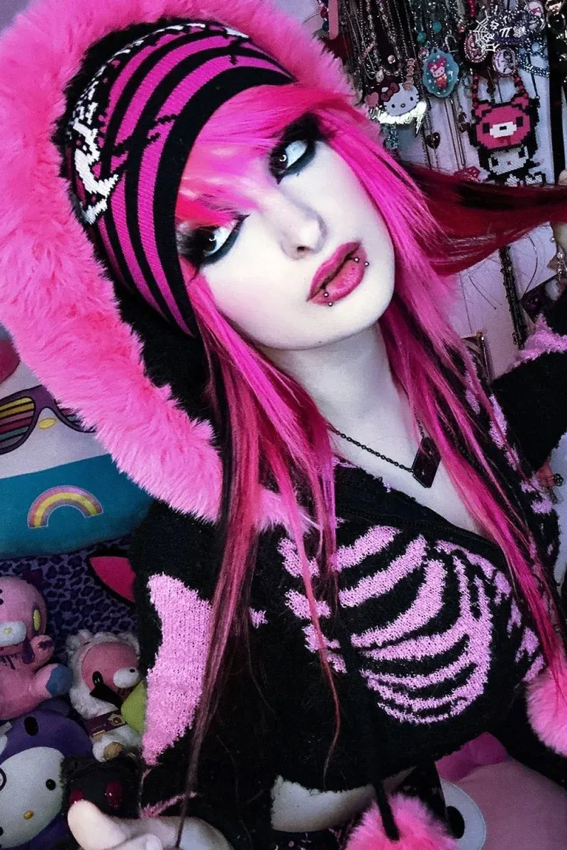 Bony Rib Cage Skeleton Fur Sweater [BLACK/PINK]