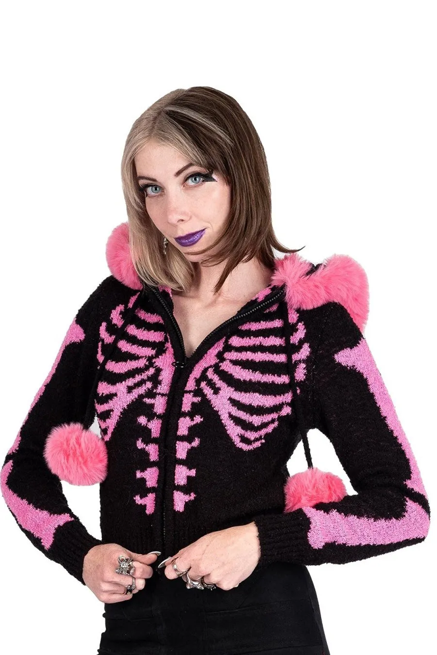 Bony Rib Cage Skeleton Fur Sweater [BLACK/PINK]