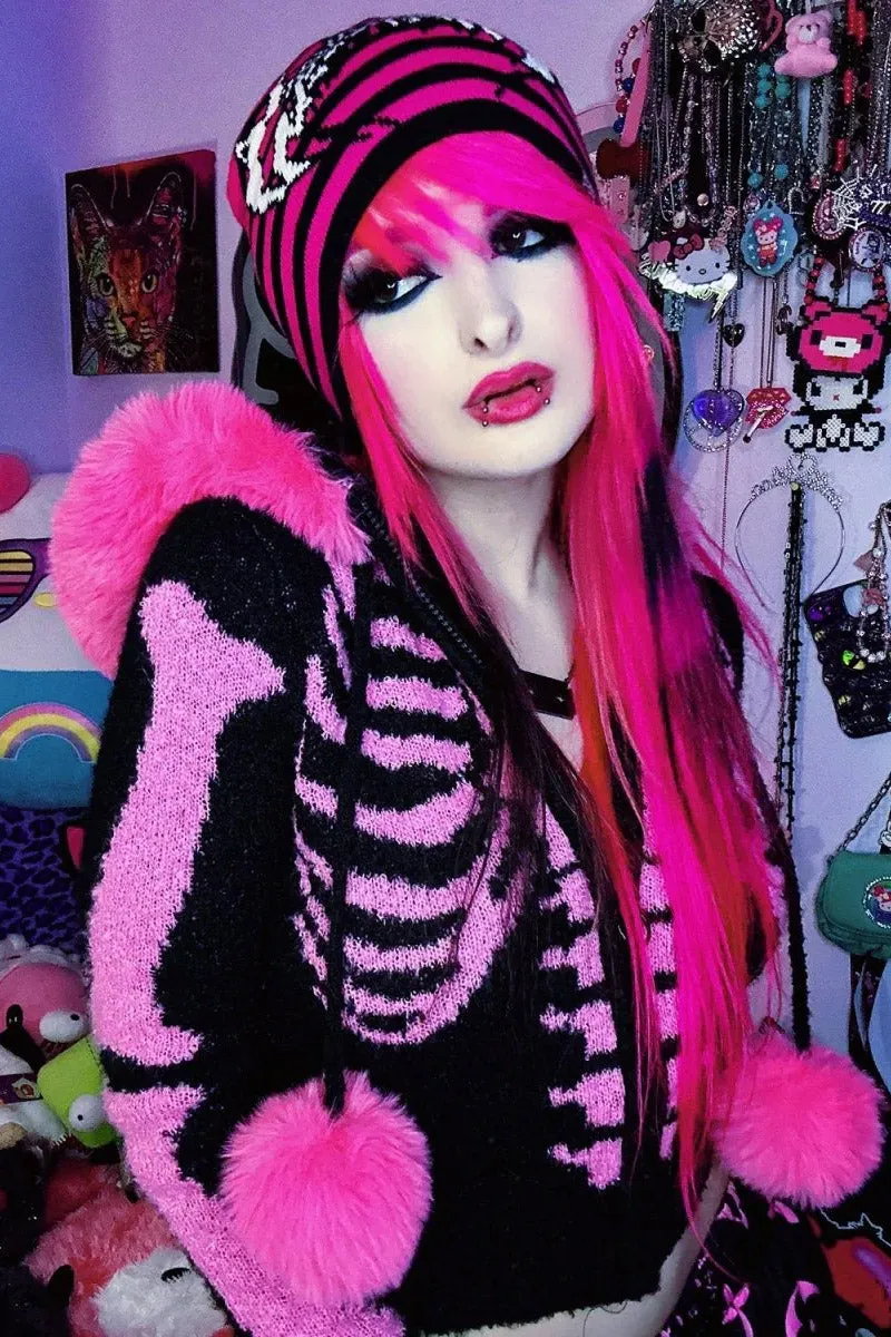 Bony Rib Cage Skeleton Fur Sweater [BLACK/PINK]